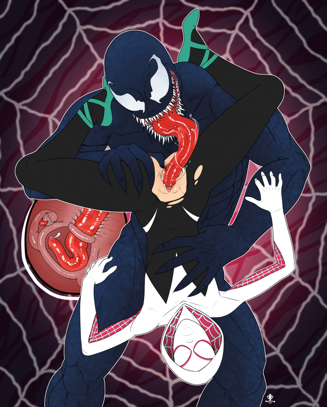 1boy, 1girls, alien, anal fingering, cervical penetration, clothed sex, clothing, cross section, cunnilingus, deep cunnilingus, fallopian tube insertion, fallopian tubes, female, gwen stacy, gwen stacy (spider-verse), human, light skin, light-skinned female, long tongue, male, marvel, marvel comics, mask, open mouth, oral sex, ovaries, penetration, piratepup, pussy, reverse forced oral, size difference, spider-gwen, spider-man (series), spread legs, straight, superhero, superhero costume, superheroine, symbiote, torn clothes, upside-down, uterus, vaginal insertion, vaginal penetration, venom (marvel), x-ray
