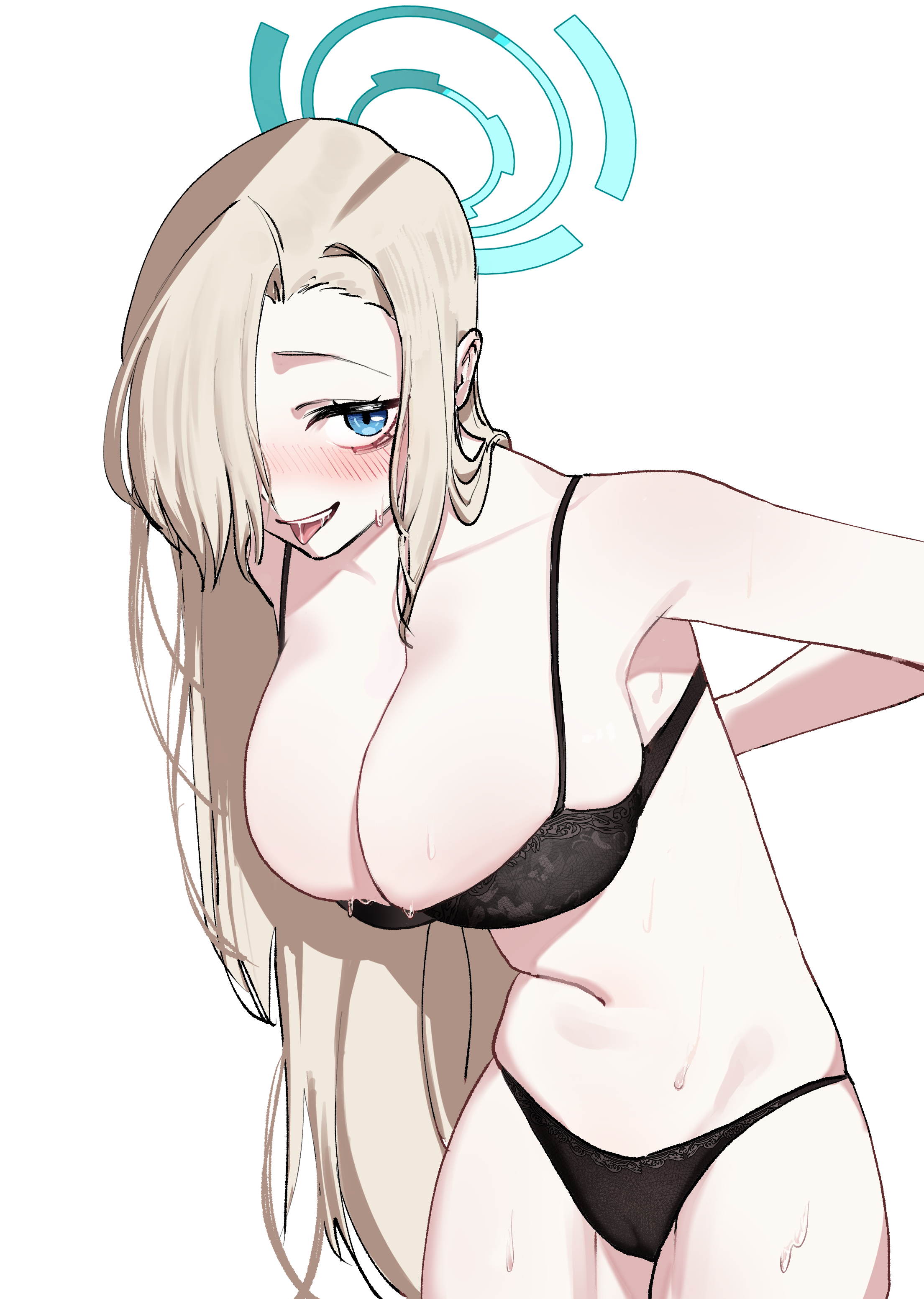 1girls, absurdres, arms behind back, asuna (blue archive), black bra, black panties, blue archive, blue eyes, blue halo, blush, bra, breasts, brown hair, cleavage, cowboy shot, hair over one eye, halo, highres, large breasts, long hair, looking at viewer, miltto, open mouth, panties, simple background, smile, solo, tongue, tongue out, underwear, underwear only, white background