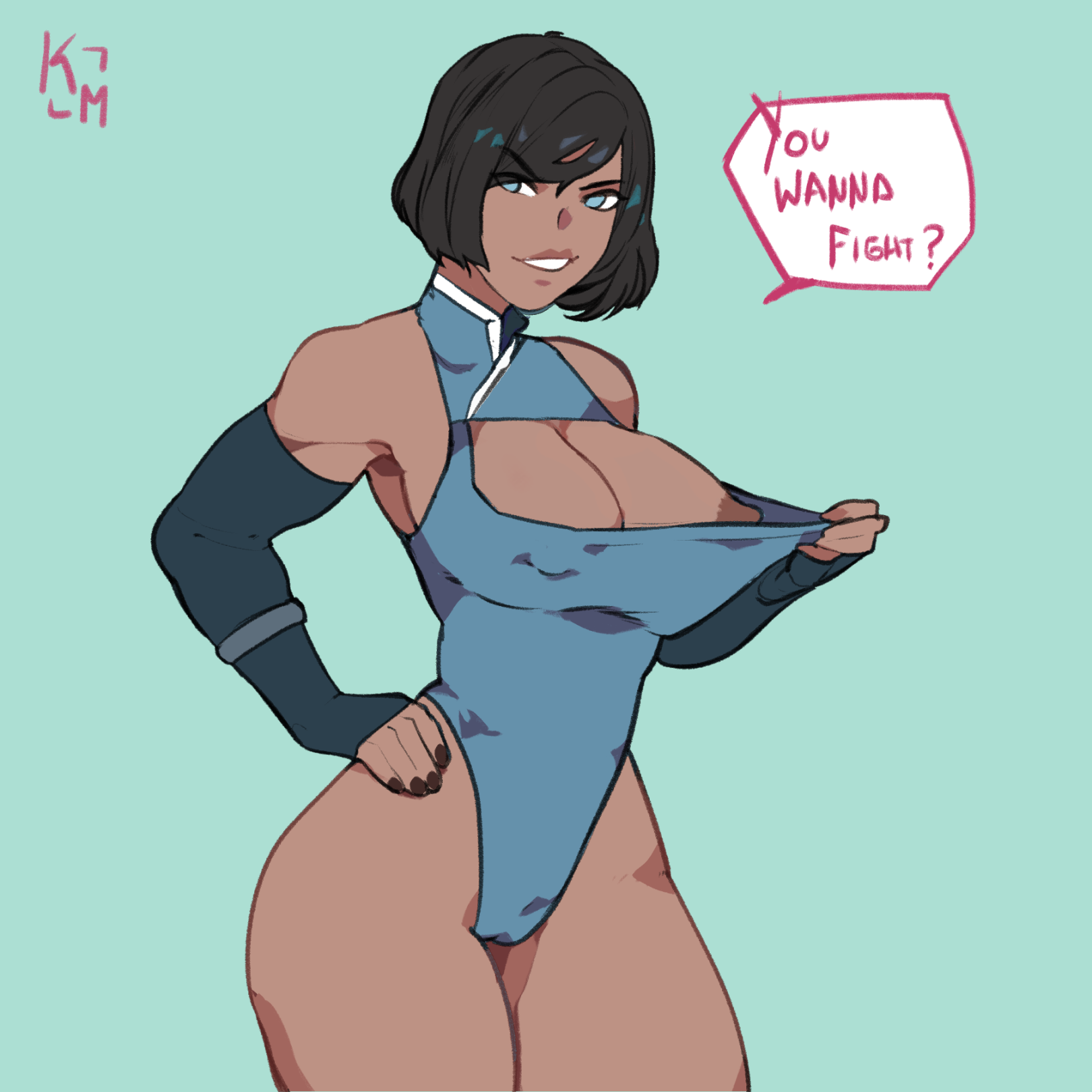 1girls, arm sleeves, ass, avatar the last airbender, big ass, big booty, big butt, big thighs, bob cut, breasts, casual exposure, confident, cowboy shot, dark nails, dark skin, dark-skinned female, english text, female, fighter, fit female, flashing breasts, kamii momoru, korra, large ass, large booty, large butt, large thighs, leotard, smile, speech bubble, standing, tagme, the legend of korra, thicc, thick, thick ass, thick booty, thick butt, thick hips, thick legs, thick thighs, tomboy
