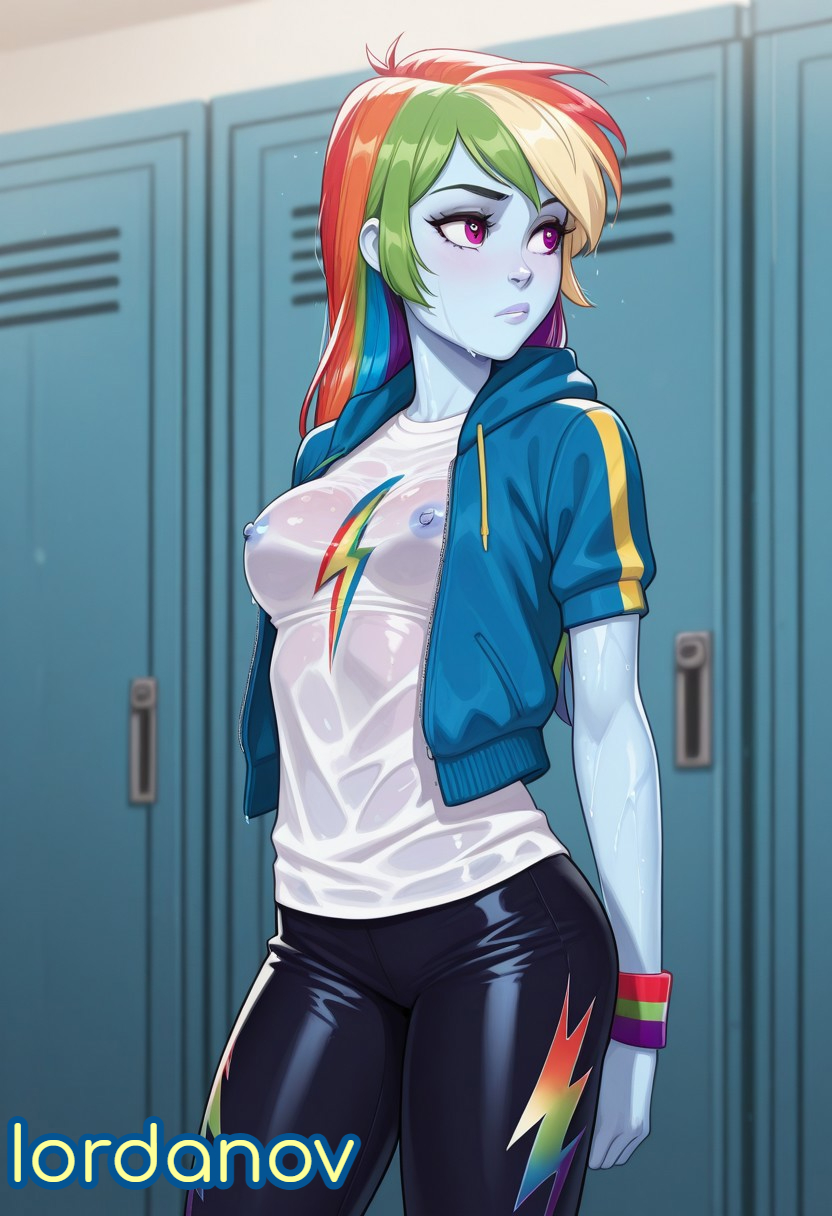 1girls ai_generated blue_skin breasts clothed clothes equestria_girls female friendship_is_magic hasbro indoors iordanov long_hair medium_breasts multicolored_hair my_little_pony nipples perfect_body rainbow_dash_(eg) rainbow_dash_(mlp) rainbow_hair sexy teenage_girl teenager wet wet_clothes wet_clothing yoga_pants young