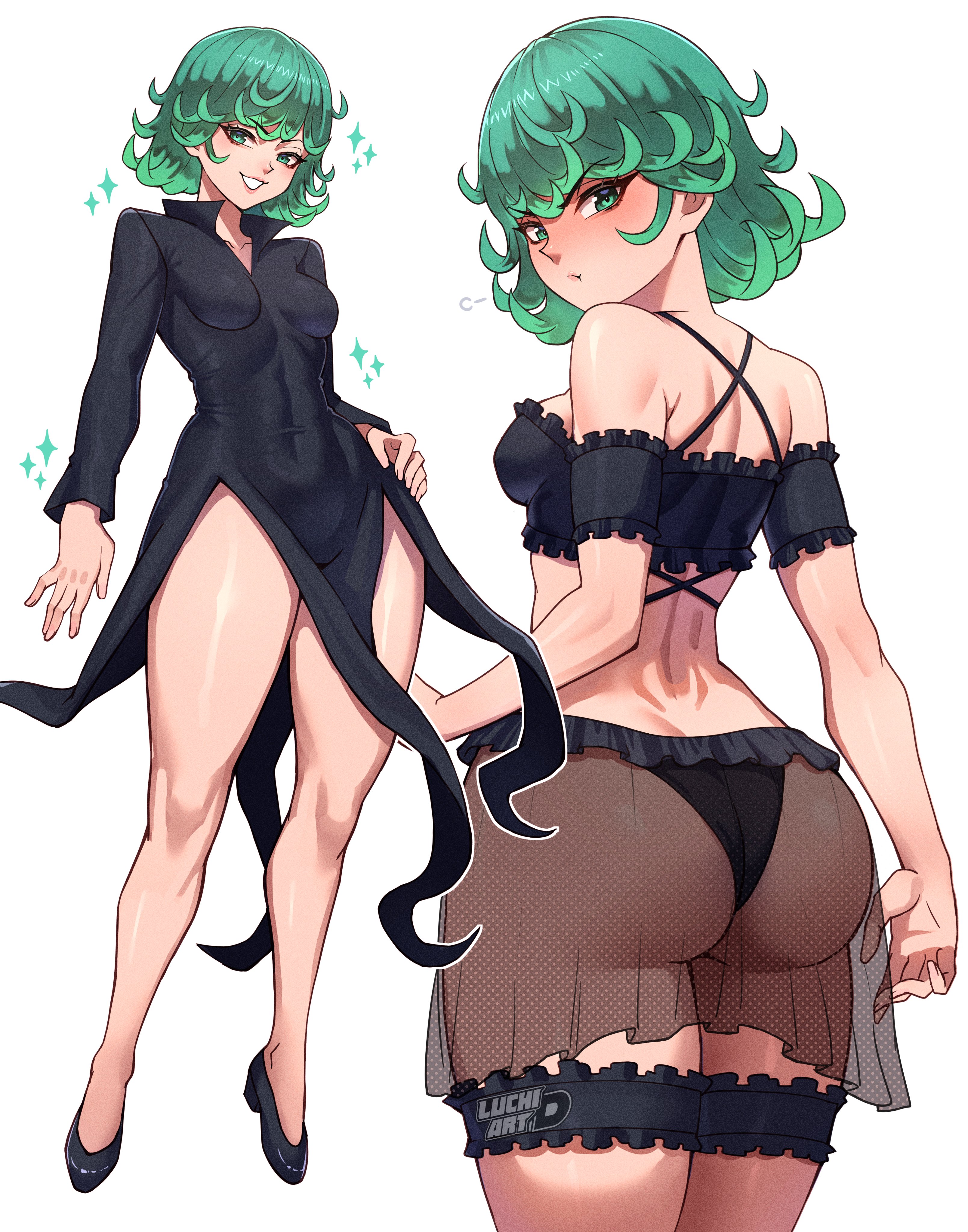 1girls, ass, back, big ass, bikini, black dress, black footwear, blush, breasts, curly hair, dress, fat ass, female, female only, fishnets, from behind, green eyes, green hair, hand on hip, high heels, looking at viewer, looking back, luchidart, official alternate costume, one-punch man, short hair, small breasts, swimsuit, tagme, tatsumaki, thick thighs, thighs