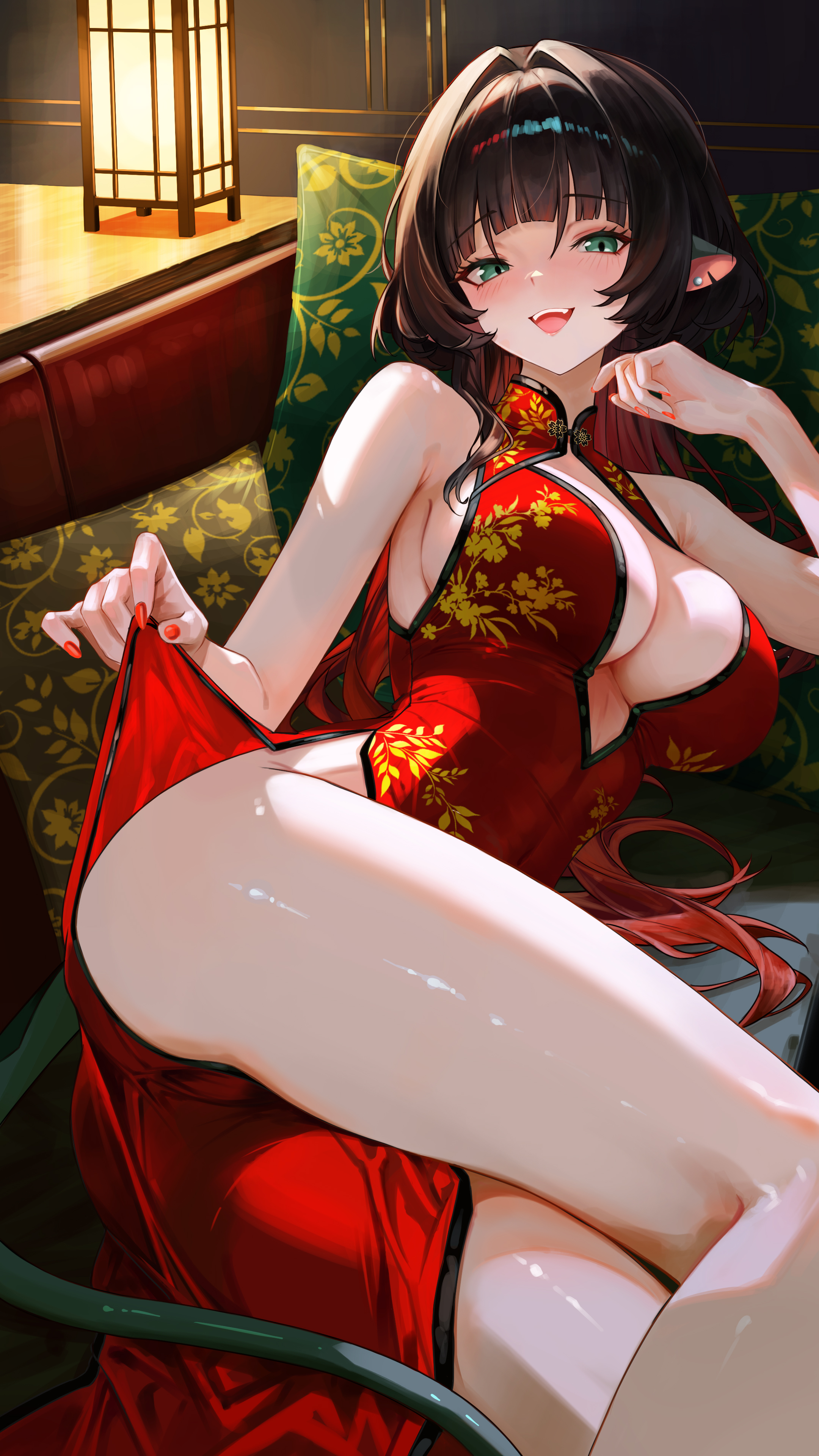 absurdres, animal ears, bare legs, black hair, breasts, china dress, chinese clothes, cleavage, commentary request, dress, female, green eyes, highres, jane doe (zenless zone zero), junwon09, large breasts, legs, long hair, looking at viewer, lying, mouse ears, mouse girl, on side, open mouth, pelvic curtain, pillow, red dress, smile, solo, teeth, thighs, upper teeth, zenless zone zero