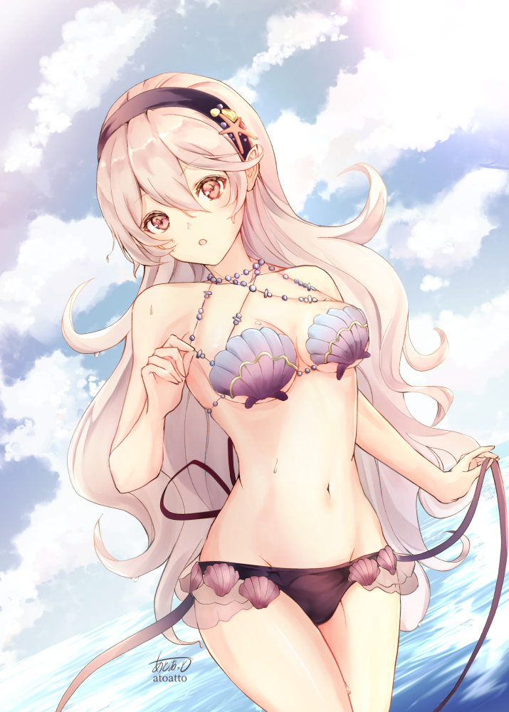 1girls :o artist_name atoatto bangs bare_arms beach bikini black_bikini_bottom blush breasts cleavage cloud cloudy_sky collarbone corrin_(female)_(summer)_(fire_emblem) corrin_(fire_emblem) corrin_(fire_emblem)_(female) cowboy_shot day eyebrows_visible_through_hair fire_emblem fire_emblem_cipher fire_emblem_fates hair_between_eyes hair_ornament hairband long_hair looking_at_viewer manakete medium_breasts navel nintendo ocean open_mouth outdoors pointy_ears red_eyes seashell seaside see-through shell shell_bikini silver_hair simple_background sky smile stomach stripping swimsuit very_long_hair water white_hair