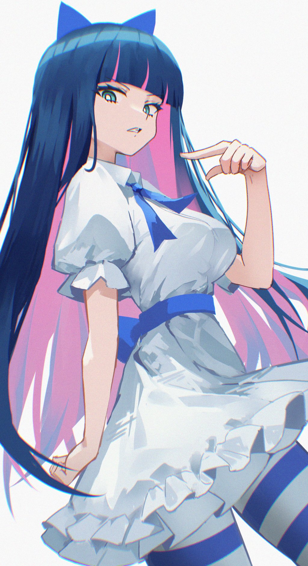 1girls, blue eyes, blue hair, breasts, busty, danraz0r, dress, female, light skin, light-skinned female, not porn, panty & stocking with garterbelt, stocking anarchy, stockings, white background, white dress
