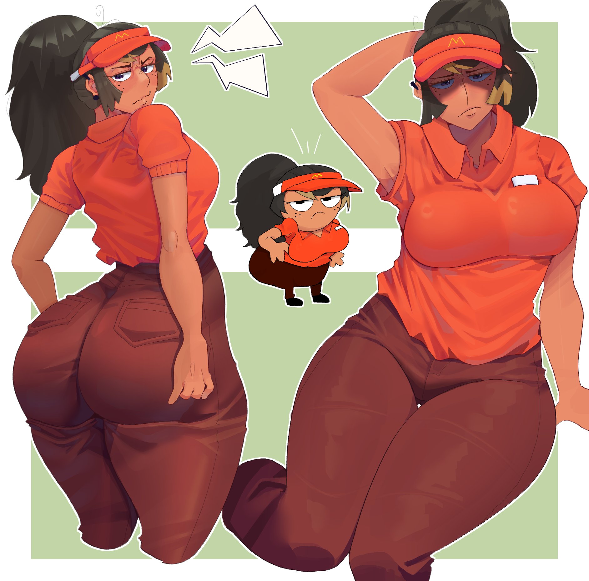 ass, big ass, breasts, brown hair, brown pants, carmen (rolus in the outskirts), collared shirt, deven tolo, doobus goobus, female, freckles on face, from behind, huge ass, indie game, large breasts, looking at viewer, mcdonald's, mcdonalds, orange shirt, ponytail, rolus in the outskirts, thick thighs, visor cap, youtube