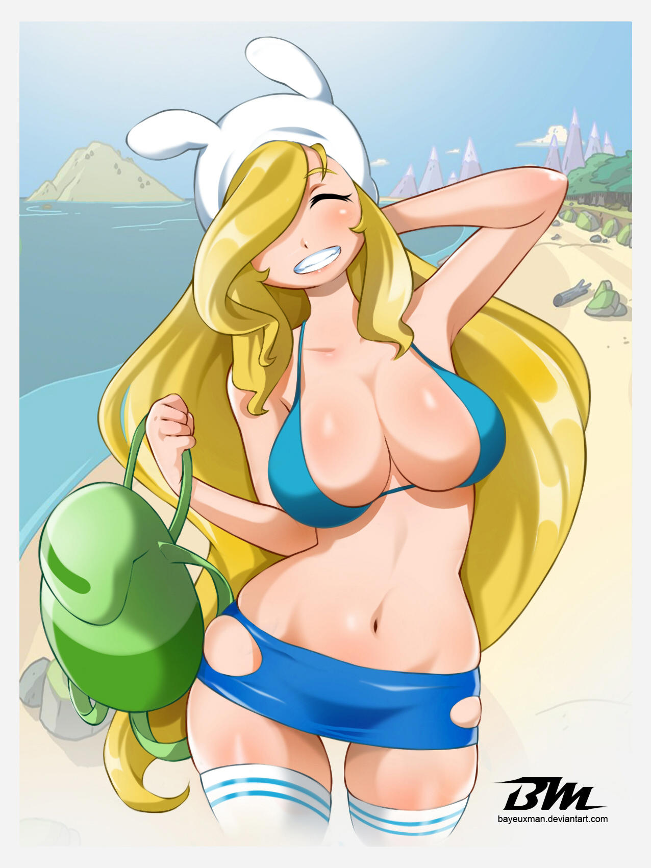 1girls, adventure time, backpack, bag, bare midriff, bayeuxman, beach, belly button, big breasts, bikini, blonde hair, breasts, cartoon network, cleavage, closed eyes, female, female only, fionna the human girl, hair over one eye, human, miniskirt, smile, solo, solo female, stockings, tagme, thick thighs, thigh gap