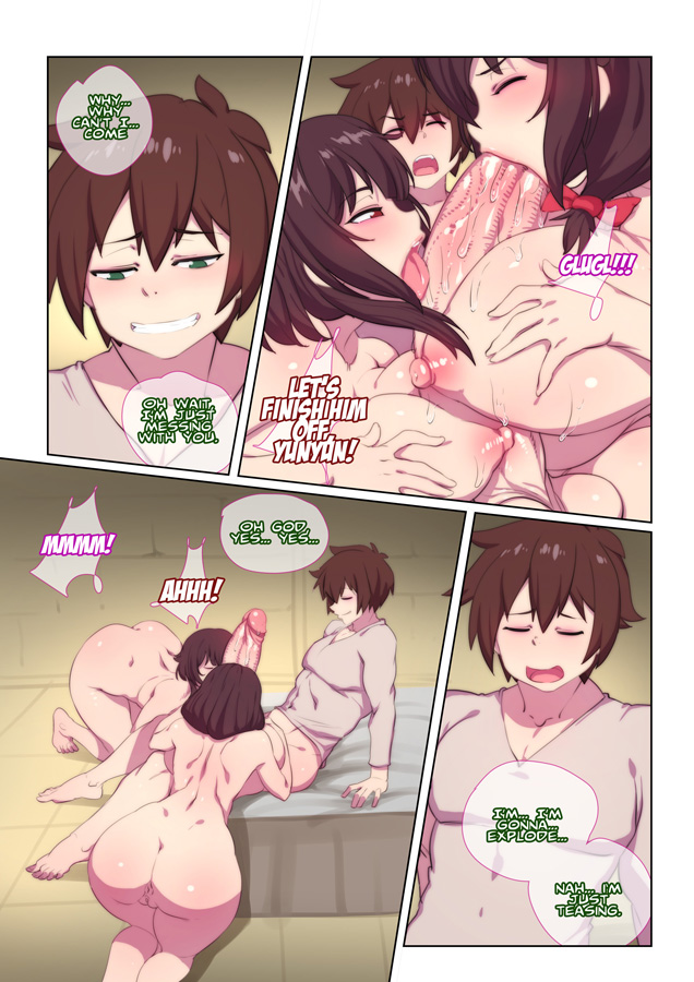 1boy, 2girls, ass, barefoot, blowjob, bokuman, breasts, completely nude, english text, female, female focus, full body, kono subarashii sekai ni shukufuku wo!, large breasts, light skin, light-skinned female, male, megumin, naked, naked female, nude, nude female, oral, oral sex, satou kazuma, small breasts, text, thick thighs, thighs, wide hips, yunyun (konosuba)