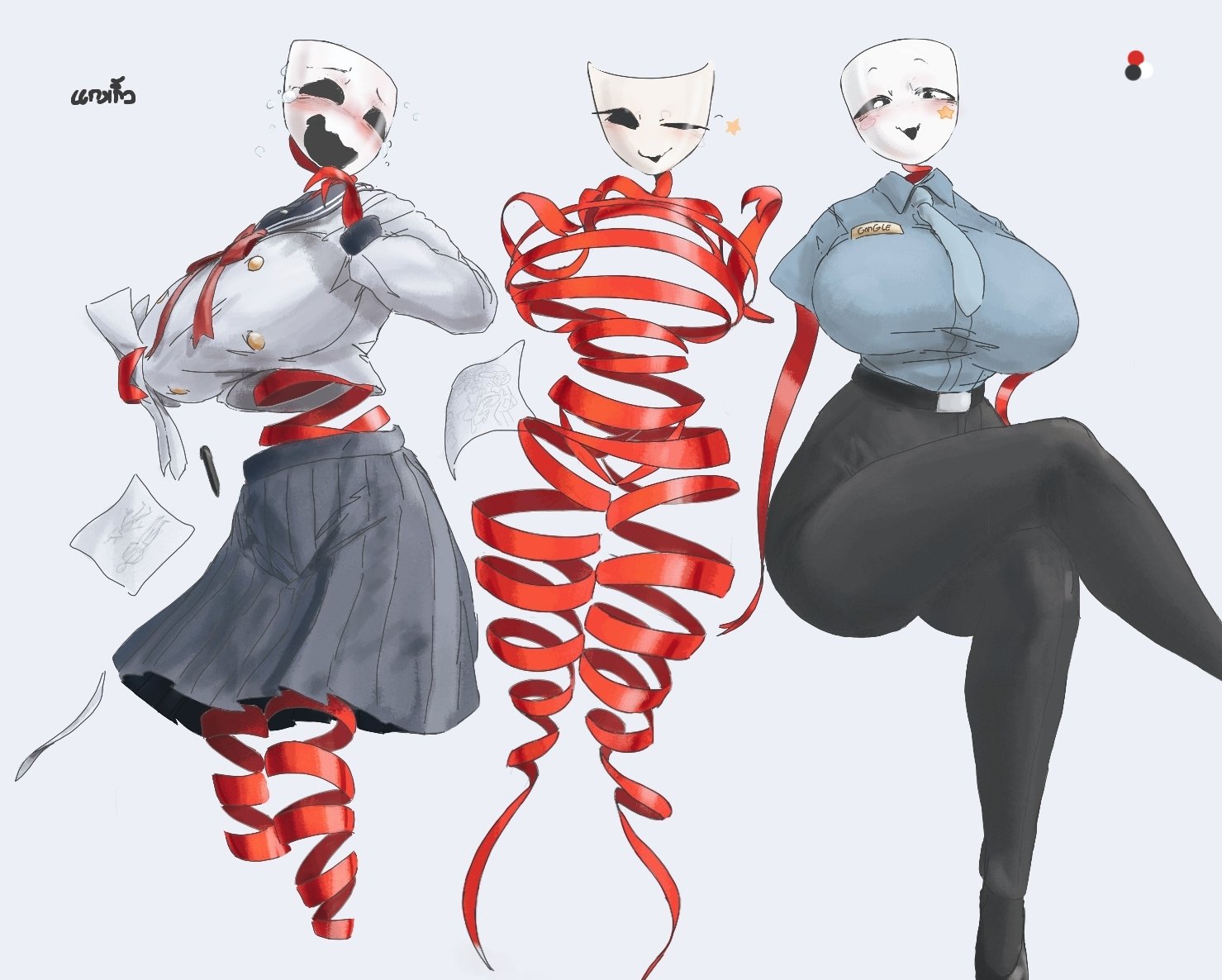 1girls, animate inanimate, artist name, artist signature, ass, belt, big ass, big breasts, black belt, black bottomwear, black eyes, black pants, black pupils, black sclera, blue necktie, blue tie, blue topwear, blush, blush lines, blushing, breasts, cheek markings, color palette, constricted pupils, crossed legs, deutsczm9, drama mask, embarrassed, falling object, falling paper, fast food, fast food uniform, female, flying teardrops, for a head, gangle (the amazing digital circus), gangle with thick ribbons, glitch productions, grey skirt, heterochromia, holding drawing, holding object, holding paper, hollow eyes, hourglass figure, japanese school uniform, looking at viewer, manager, manager gangle, mask, masked female, mismatched eyes, multiple outfits, name tag, necktie, nervous, nervous face, nervous smile, nervous sweat, non-human, pen, pink markings, plain background, red body, red ribbon, ribbon, ribbon body, ribbons, school uniform, schoolgirl, signature, simple background, smug, smug face, smug smile, solo, solo female, spoken star, star marking, star on cheek, tagme, tears, the amazing digital circus, tie, twitter link, white eyes, white mask, white pupils, white sclera, wink, winking, yellow markings