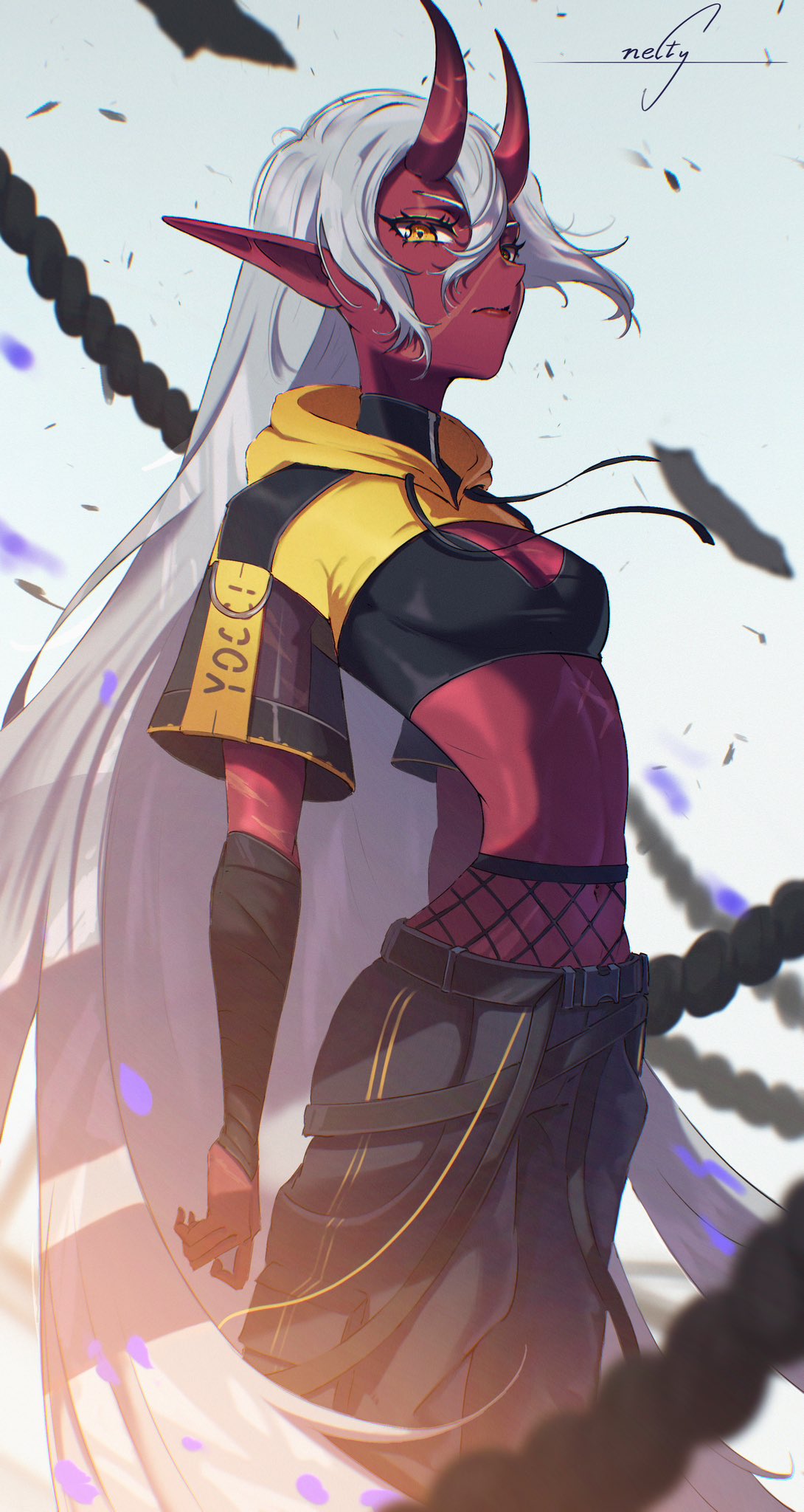 akumi artist_name blurry braid breasts cleavage depth_of_field female horns long_hair looking_at_viewer medium_breasts navel pants parted_lips pointy_ears red_skin signature smile solo standing very_long_hair vyugen white_hair