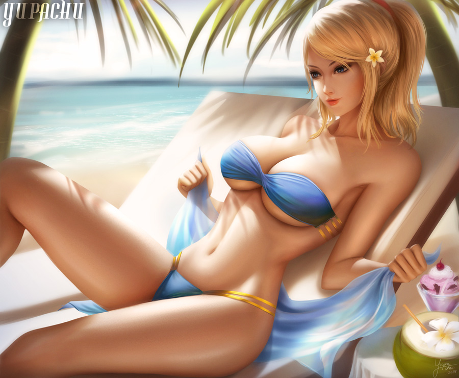 1girls, big breasts, bikini, blonde hair, blue bikini, blue eyes, breasts, cleavage, female, female only, flower in hair, large breasts, metroid, navel, nintendo, samus aran, sidelocks, solo, thong, underboob, yupachu