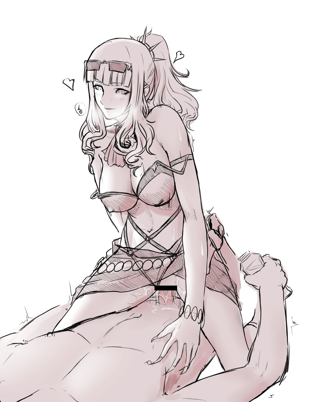bikini, blush, carmilla (fate), censored, clothed female nude male, cowgirl position, cum, fate (series), fate/grand order, female, female on top, femdom, happy sex, heart, heavy breathing, hikichi sakuya, long fingernails, looking down, male, monochrome, penis, ponytail, pussy, riding, sex, sharp fingernails, smile, sunglasses, sunglasses on head, swimsuit, vaginal sex, white background