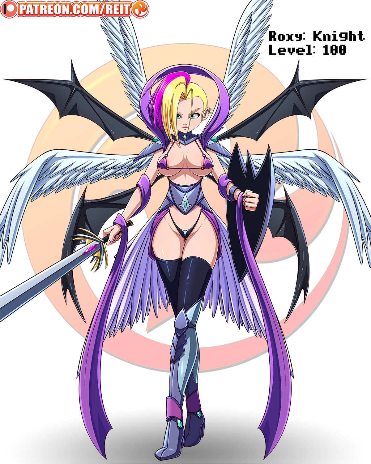 angel angel_wings armor bat_wings big_breasts blonde_hair female green_eyes looking_at_viewer original original_character patreon reit roxy_(reit) shield sword wings