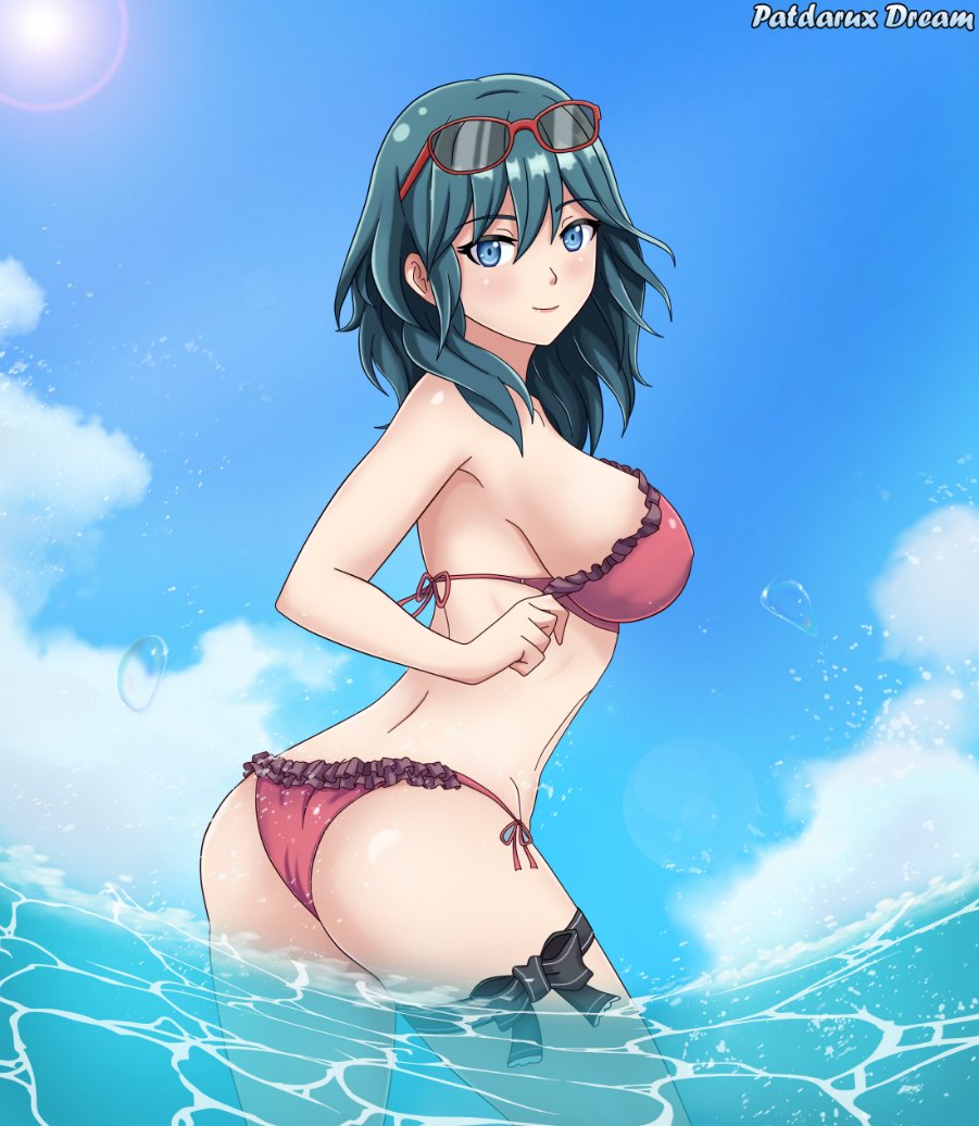 ass, blue eyes, blue hair, breasts, byleth (fire emblem), byleth (fire emblem) (female), female, female only, fire emblem, fire emblem: three houses, fully clothed, looking at viewer, patdarux, solo, swimming, swimsuit