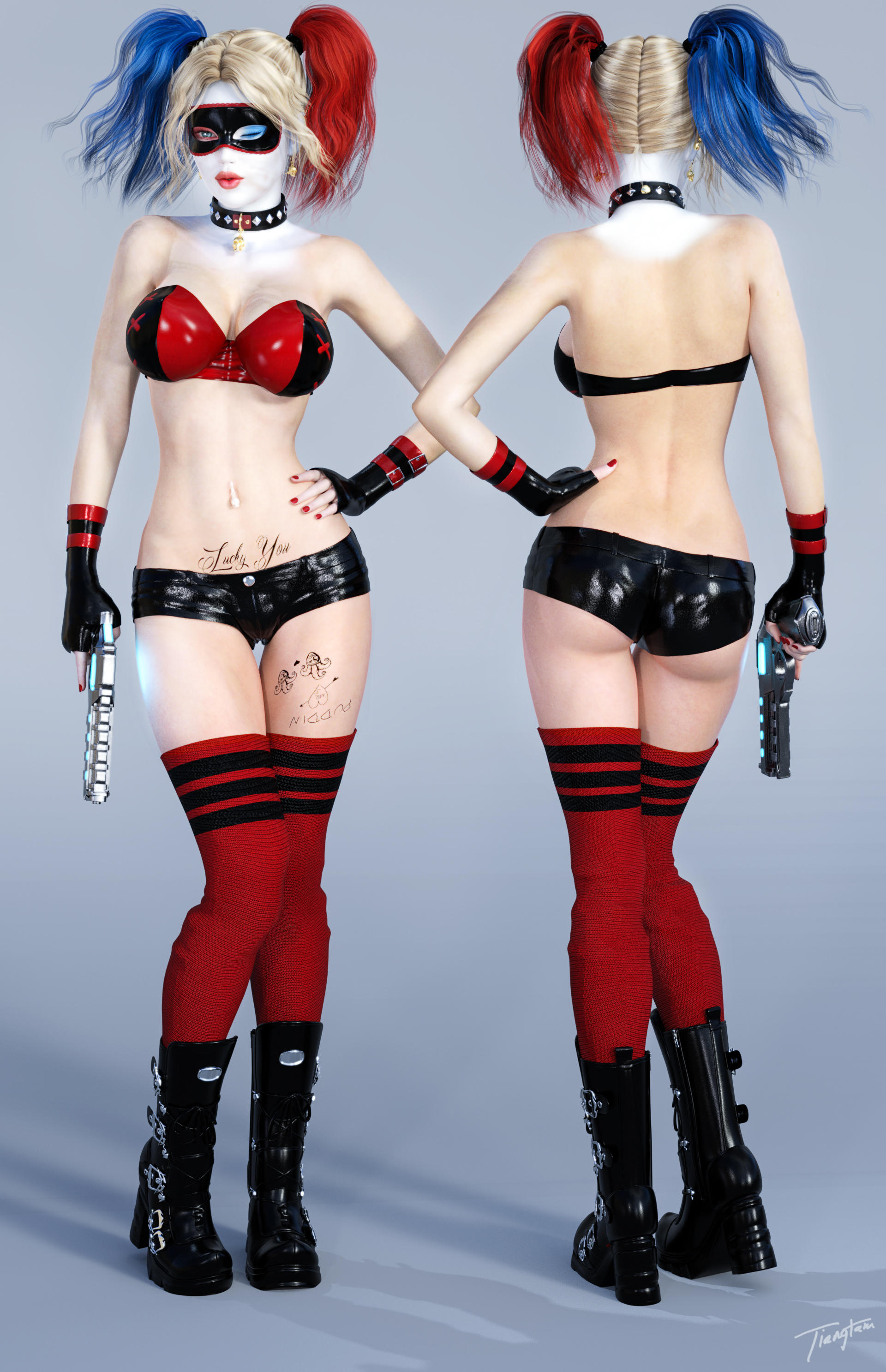 1girls, 3d, ass, back view, batman (series), black boots, black bra, black gloves, black heels, black shorts, blonde hair, blowing kiss, blue eyes, blue highlights, boots, booty shorts, bra, breasts, choker, cleavage, dc, dc comics, eye closed, eyeshadow, facepaint, female, female only, fingerless gloves, firearm, from behind, front view, gloves, gun, handgun, harley quinn, heel boots, heels, highlights, holding gun, holding weapon, hot pants, human, makeup, mascara, mask, medium breasts, midriff, pinup, puckered lips, red highlights, red socks, revolver, short shorts, shorts, signature, socks, solo, standing, stomach, supervillain, thighhigh socks, thighhighs, tiangtam, twintails, weapon, winking
