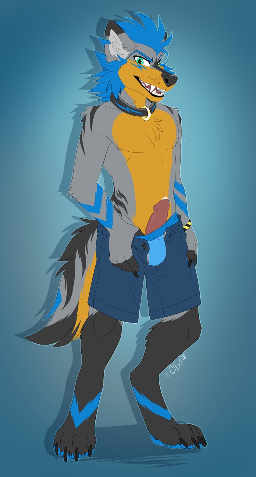 2018 4_toes 5_fingers anthro black_fur black_lips blue_eyes blue_hair canid canine canis citrinelle clothed clothing digital_media_(artwork) digitigrade domestic_dog fingers fur hair lips male male_only mammal open_mouth penis simple_background smile solo teeth toes tongue topless