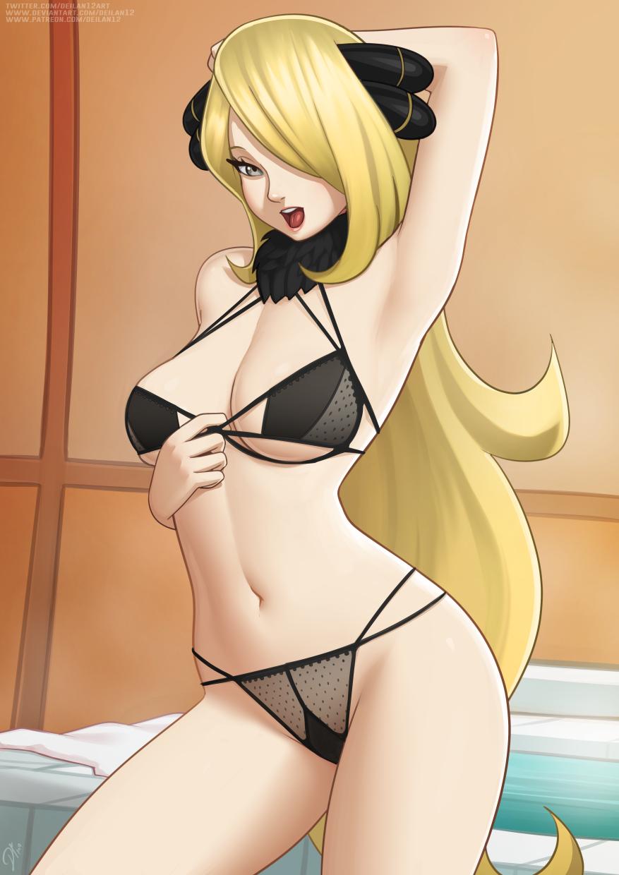 1girls, 2019, abs, arm behind head, arm up, armpit, armpits, arms behind head, ass, big ass, big breasts, black bra, black panties, blonde hair, bra, breasts, cleavage, clothed, clothes, cynthia (pokemon), deilan12, detailed background, deviantart, digital media (artwork), female, female focus, female only, grey eyes, hair ornament, hair over one eye, half-closed eyes, indoors, large breasts, light skin, long hair, looking at viewer, navel, nintendo, open mouth, panties, patreon, pokemon, pokemon dppt, pose, posing, seductive, solo, solo focus, text, thick thighs, thighs, url, very long hair, watermark