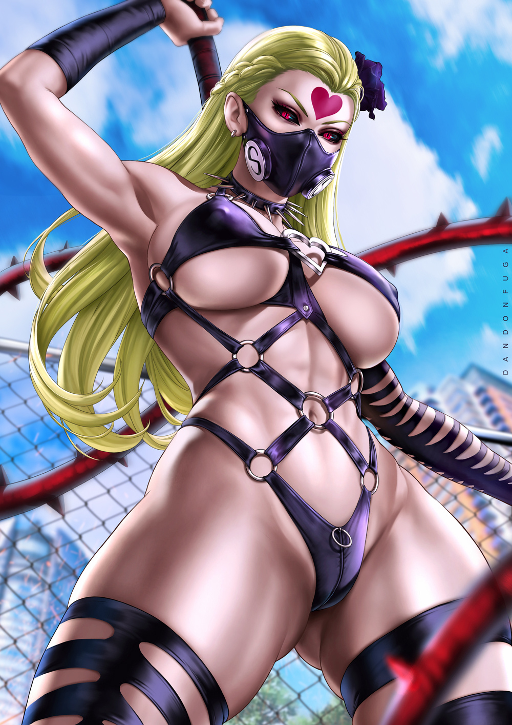 1girls, abs, arm up, armpit, armpits, big breasts, blonde hair, boots, breasts, dandon fuga, digital media (artwork), erect nipples, female, female focus, female only, hair flower, high heel boots, high heels, kaijin hime do-s, large breasts, leather, leather boots, light skin, long hair, looking at viewer, mask, navel, nipples, one-punch man, pose, posing, red eyes, sideboob, solo, solo female, spiked collar, spikes, standing, thick thighs, thigh boots, thigh highs, thighhighs, thighs, thong, underboob, very long hair, whip