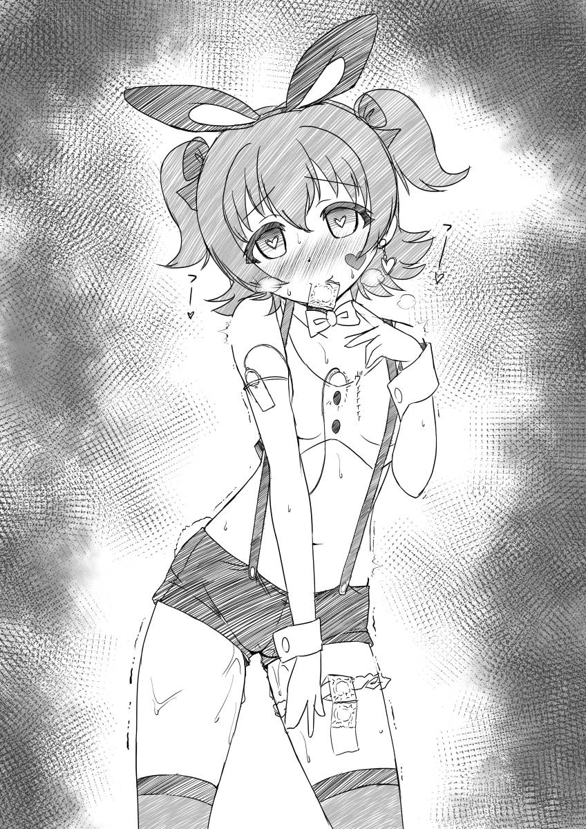 akagi_miria animal_ears bangs bare_shoulders blush bow bowtie bunny_ears bunny_girl bunny_tail cameltoe closed_mouth collarbone commentary_request cowboy_shot crosshatching crotch_seam eyebrows_visible_through_hair fake_animal_ears fake_tail female furrowed_eyebrows greyscale hair_between_eyes hairband hand_up hatching_(texture) head_tilt highres idolmaster idolmaster_cinderella_girls looking_at_viewer matatabi_(2ccp) midriff monochrome navel nose_blush remote_control_vibrator short_hair short_shorts shorts sketch sketch_eyebrows smile solo standing stomach suspender_shorts suspenders sweat tail taut_clothes taut_shorts thighhighs two_side_up vibrator wrist_cuffs young