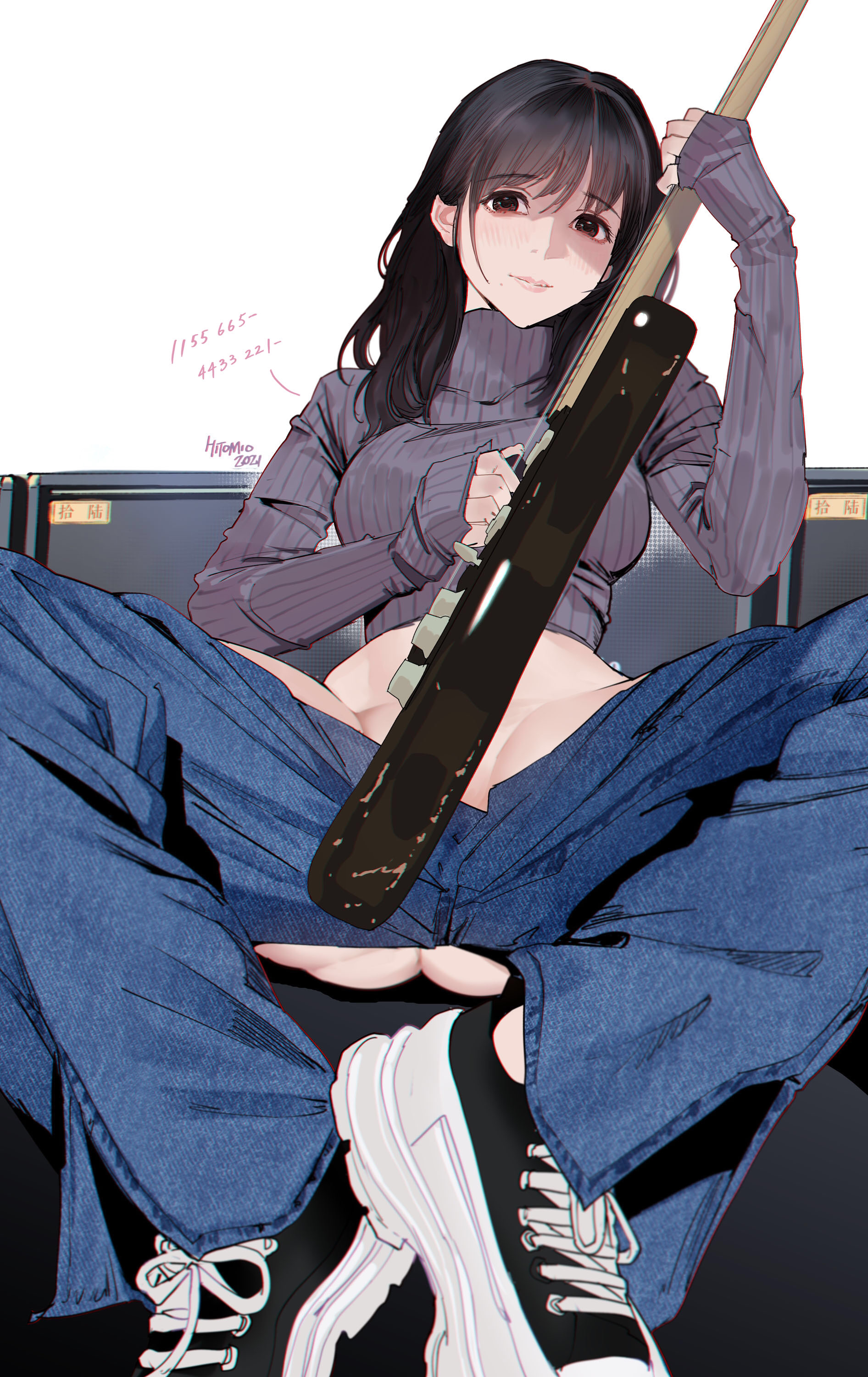 absurdres, black footwear, black hair, blue pants, blush, brown eyes, convenient censoring, covering crotch, female, grey shirt, guitar, guitar little sister (hitomi o), highres, hitomi o, holding, holding instrument, instrument, knees up, long hair, long sleeves, looking at viewer, midriff, original, pants, shadow, shirt, shoes, sitting, sleeves past wrists, smile, solo, white background