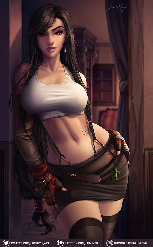 1girls, big breasts, black fur, breasts, brown eyes, brown hair, cactuar, clothed, female, female focus, female only, final fantasy, final fantasy vii, fingerless gloves, gloves, hips, large breasts, long hair, luminyu, navel, red eyes, skirt, solo, solo focus, suspenders, thick thighs, tifa lockhart, very long hair