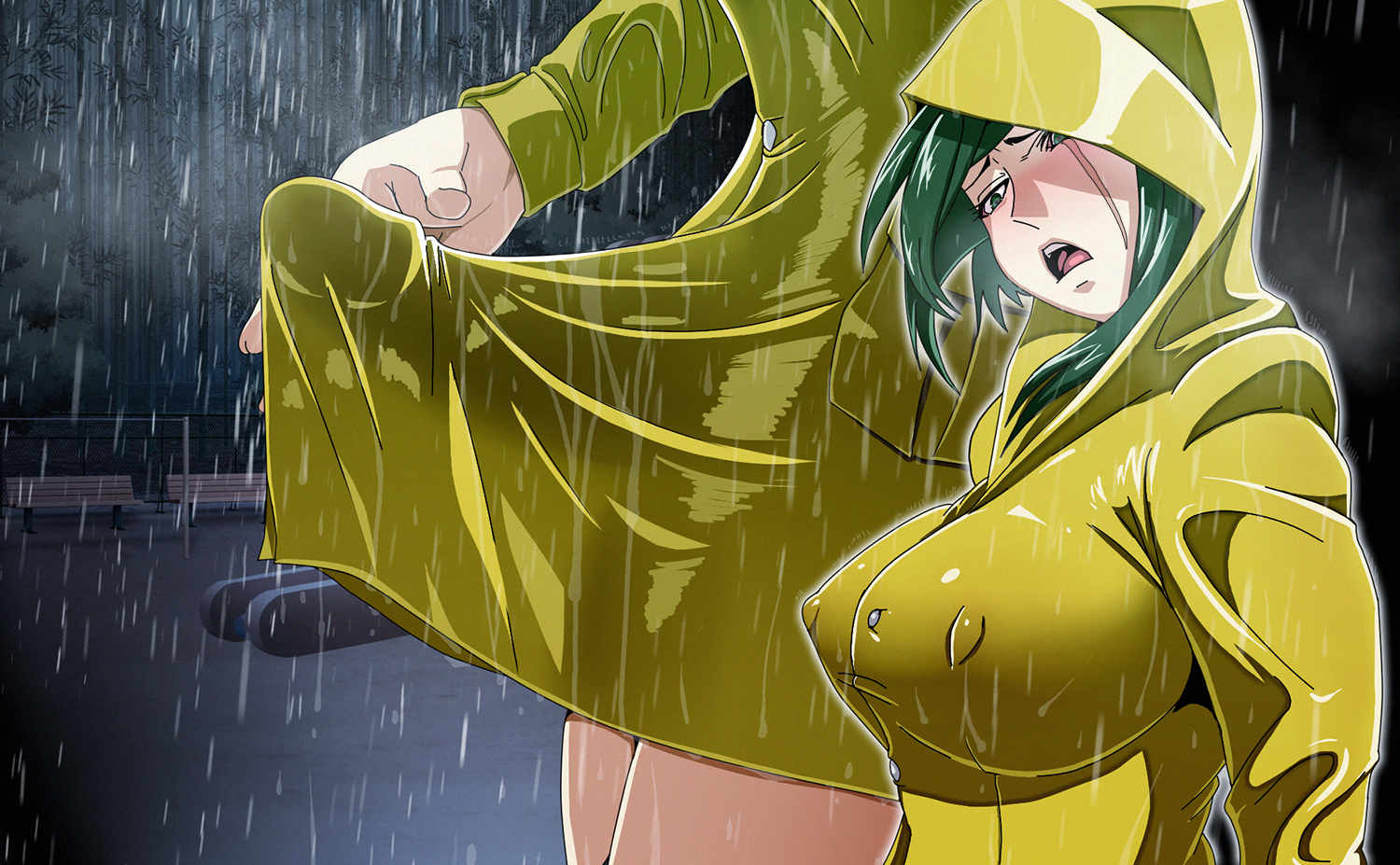 1futa, blush, bottomless skirt, breasts, bulge, curvy, dark hair, erect nipples, erect nipples under clothes, erection, erection under clothes, erection under skirt, facial scar, futa only, futanari, green hair, half-closed eyes, hood, huge cock, intersex, large breasts, large penis, looking at penis, masturbation, night, nipple bulge, nipples, open mouth, penis, penis bulge, penis under clothes, penis under skirt, rain, raincoat, raining, scar, skirt, skirt lift, solo, taroro, tenting, yellow dress
