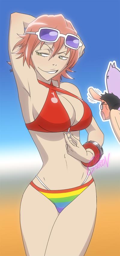 Rule34.dev - beach bikini cleavage female_focus flcl flcl_progressive  gairon haruko_haruhara hidomi_hibajiri pink_hair smile sunglasses_on_head  thong