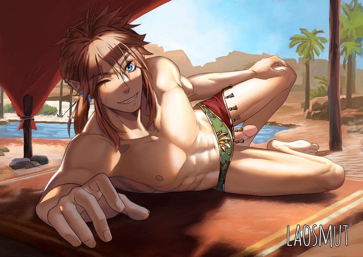 1boy abs blue_eyes breath_of_the_wild desert erection gerudo_link grin laosmut laovaan link link_(breath_of_the_wild) looking_at_viewer lying_on_side male_only muscular nintendo oasis on_side one_eye_closed outdoors palm_tree penis pointy_ears pose presenting rug skirt smile solo the_legend_of_zelda water