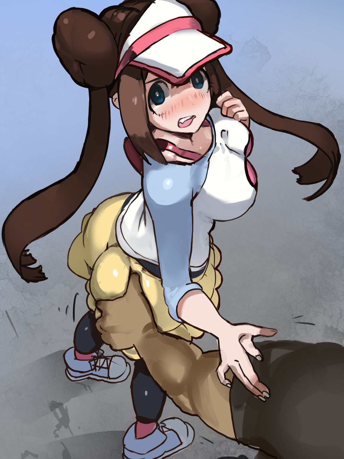 1girls, ambiguous gender, ass, ass grab, blue eyes, blush, breasts, brown hair, dark skin, dark-skinned male, eye contact, female, groping, interracial, large breasts, long hair, looking at viewer, male, moromoro, nintendo, pantyhose, pokemon, pokemon bw2, pov, rosa (pokemon), shirt, shoes, skirt, standing, twintails