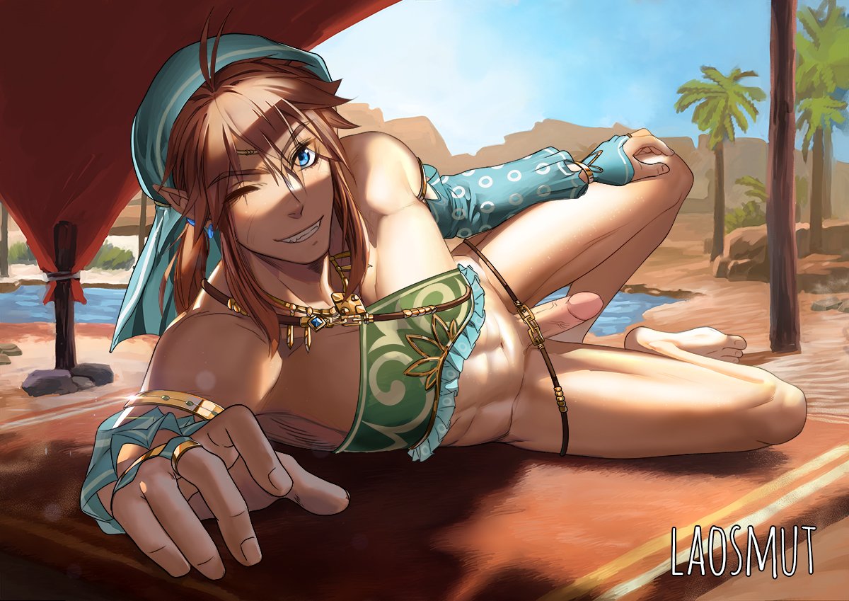 1boy abs blue_eyes bottomless breath_of_the_wild desert erection gerudo_link grin laosmut laovaan link link_(breath_of_the_wild) looking_at_viewer lying_on_side male_only muscular nintendo oasis on_side one_eye_closed outdoors palm_tree penis pointy_ears pose presenting rug smile solo the_legend_of_zelda water