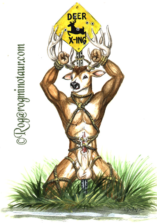 2000 animal_genitalia anthro antlers balls bodily_fluids bondage bound brown_eyes brown_fur cervid cum cum_on_self erection fur genital_fluids grass helpless horn kneeling male male_only mammal nipples nude rog_minotaur rope sheath sign simple_background solo traditional_media_(artwork)