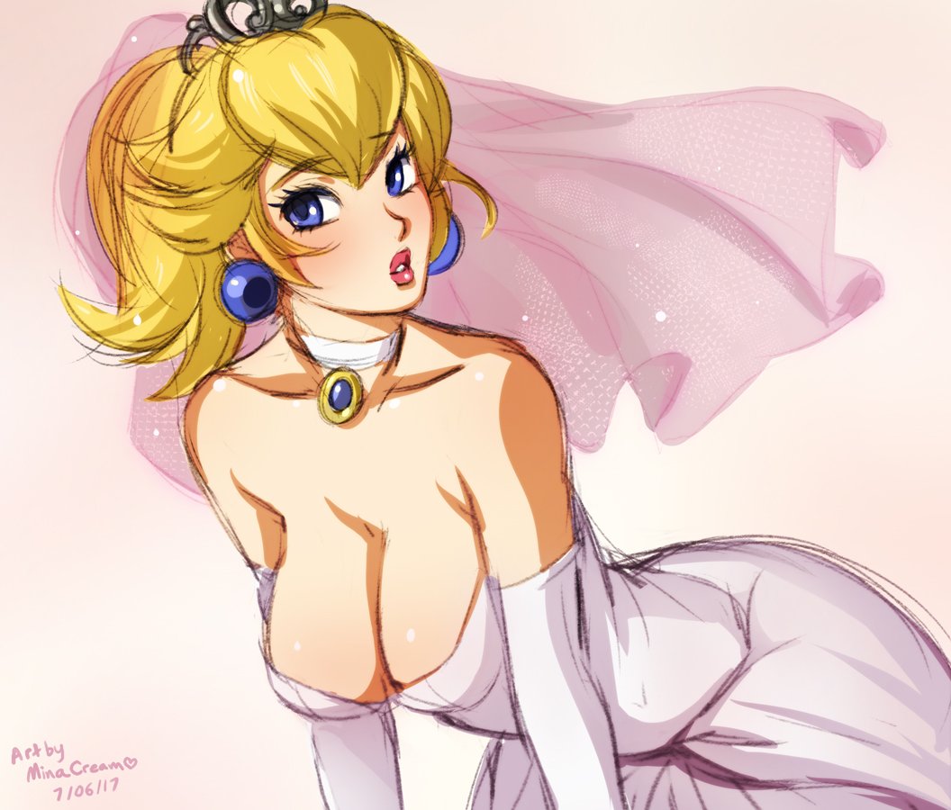 1girls, 2017, blonde hair, blue eyes, breasts, cleavage, clothed, clothing, crown, curvy, dress, earrings, elbow gloves, female, female only, gloves, huge breasts, human, jewelry, mario (series), minacream, necklace, nintendo, princess peach, solo, super mario odyssey, thick, veil, wedding dress, wedding peach (super mario odyssey), white gloves