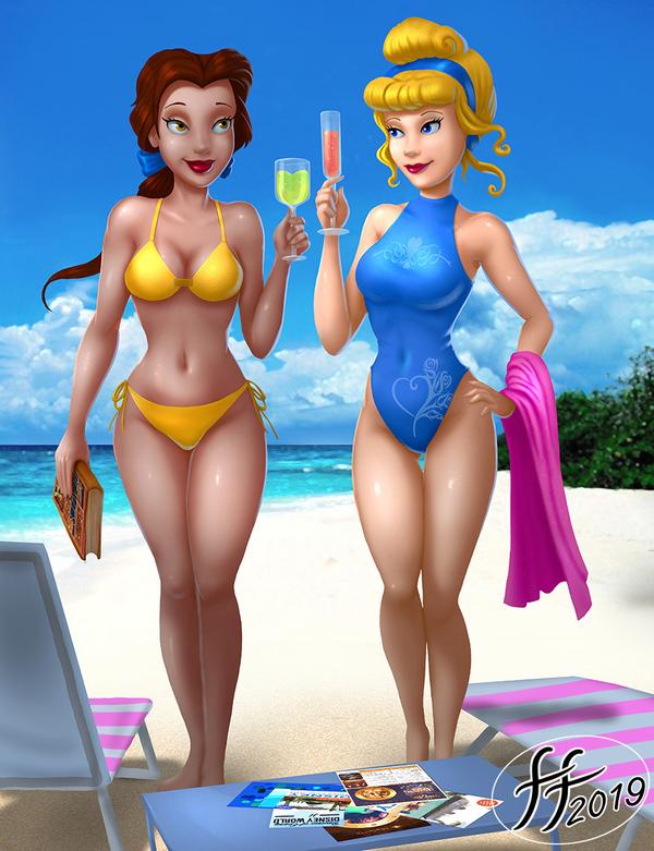 14-bis 2019 2girls beach beauty_and_the_beast belle big_breasts bikini blonde_hair brown_hair brunette cinderella_(1950_film) cinderella_(disney) crossover disney disney_princess drink female female_only hairband hairbow multiple_girls one-piece_swimsuit rubber rubber_clothing signature swimsuit tagme