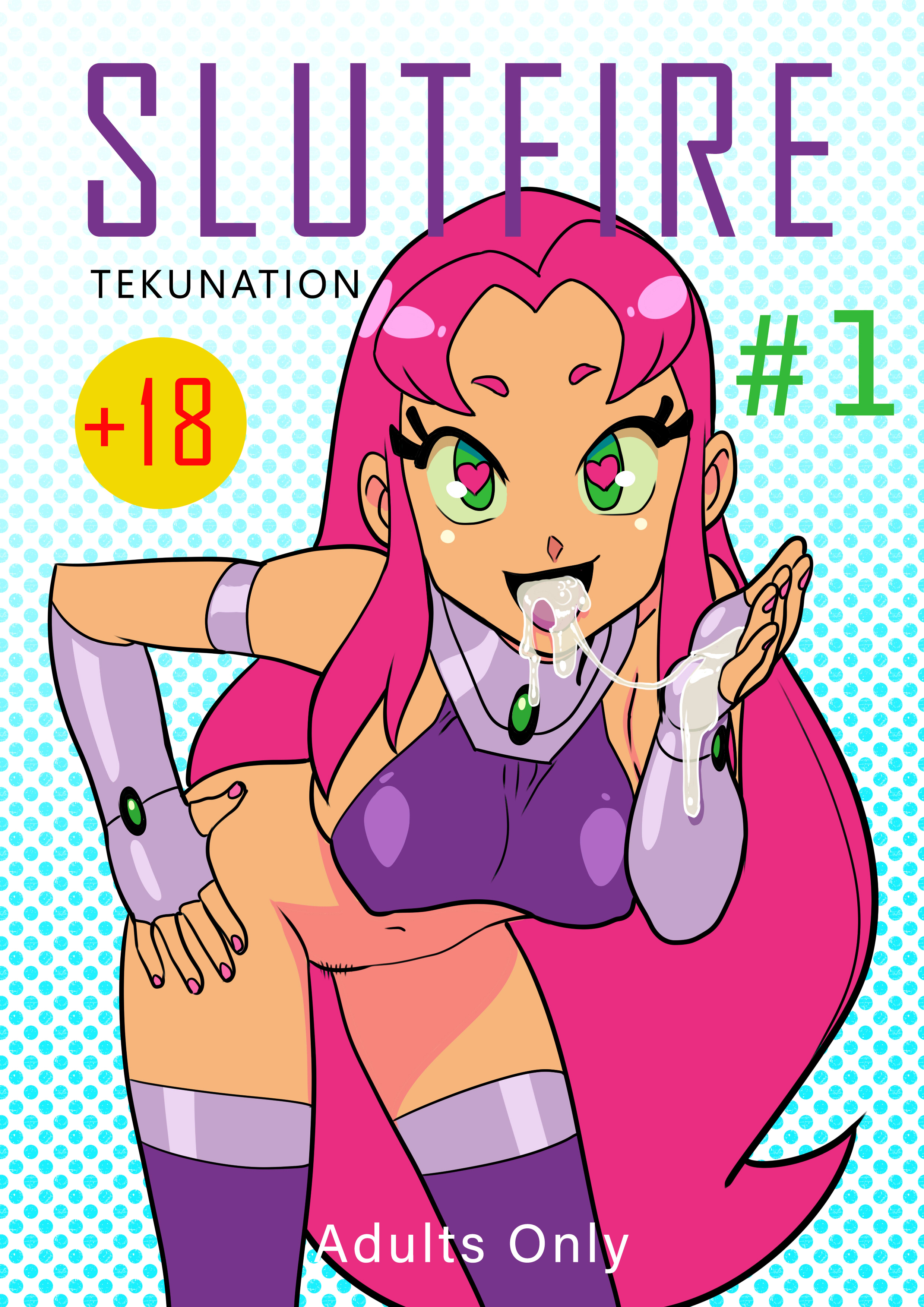 1girls, alien girl, bent over, bottomless, breasts, cum in mouth, dc, dc comics, female, green eyes, hand on hip, hanging breasts, heart-shaped pupils, leaning forward, medium breasts, navel, nipple bulge, offscreen character, open mouth, pink hair, pubic hair, solo, starfire, teen titans, teen titans go, teenager, tekuho, thighhighs, tongue, tongue out