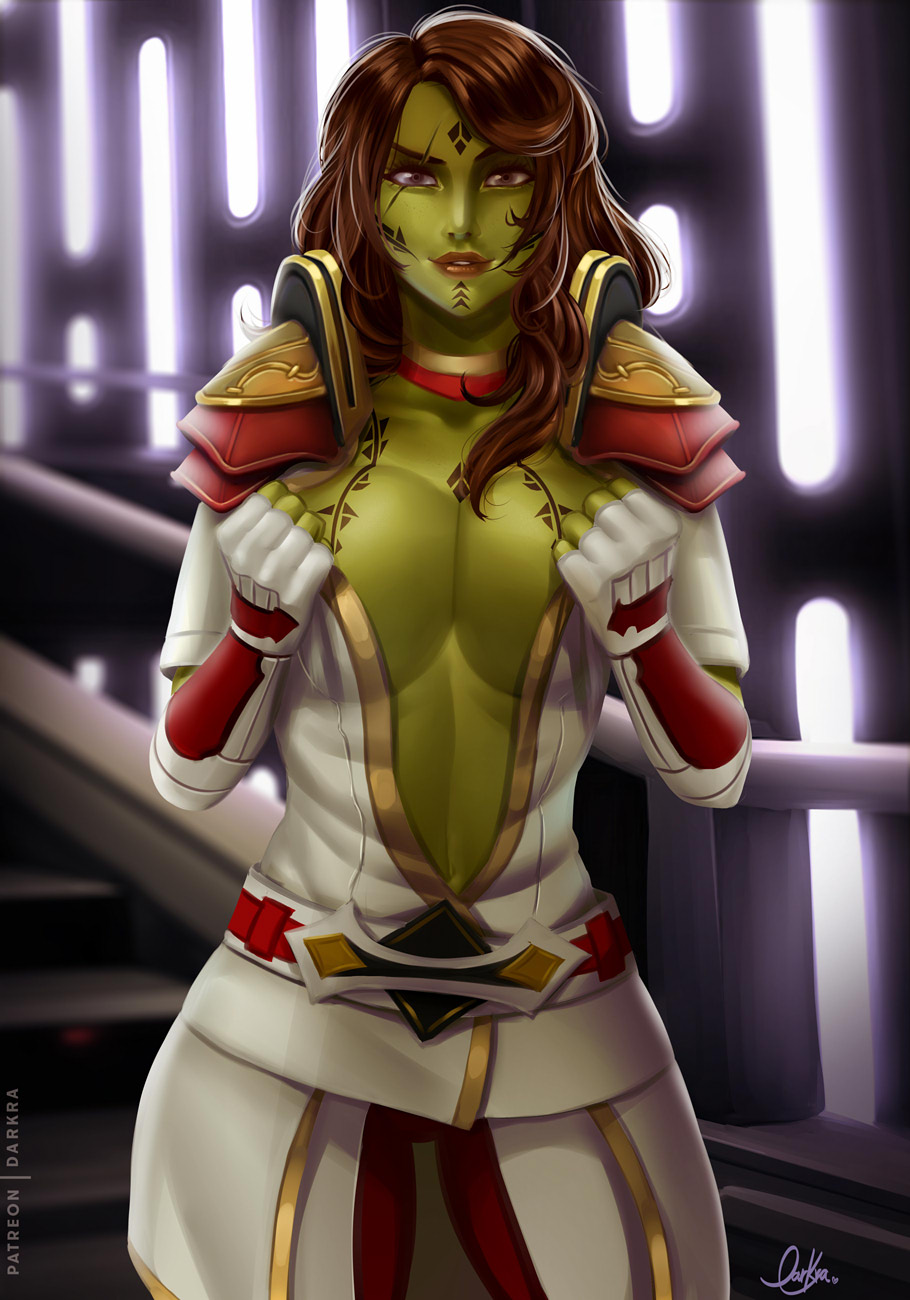 1girls big_breasts bioware breasts brown_hair clothing darkra female female_only giuletta green_skin hair large_breasts long_hair lucasfilm mirialan open_clothes solo star_wars star_wars:_the_old_republic