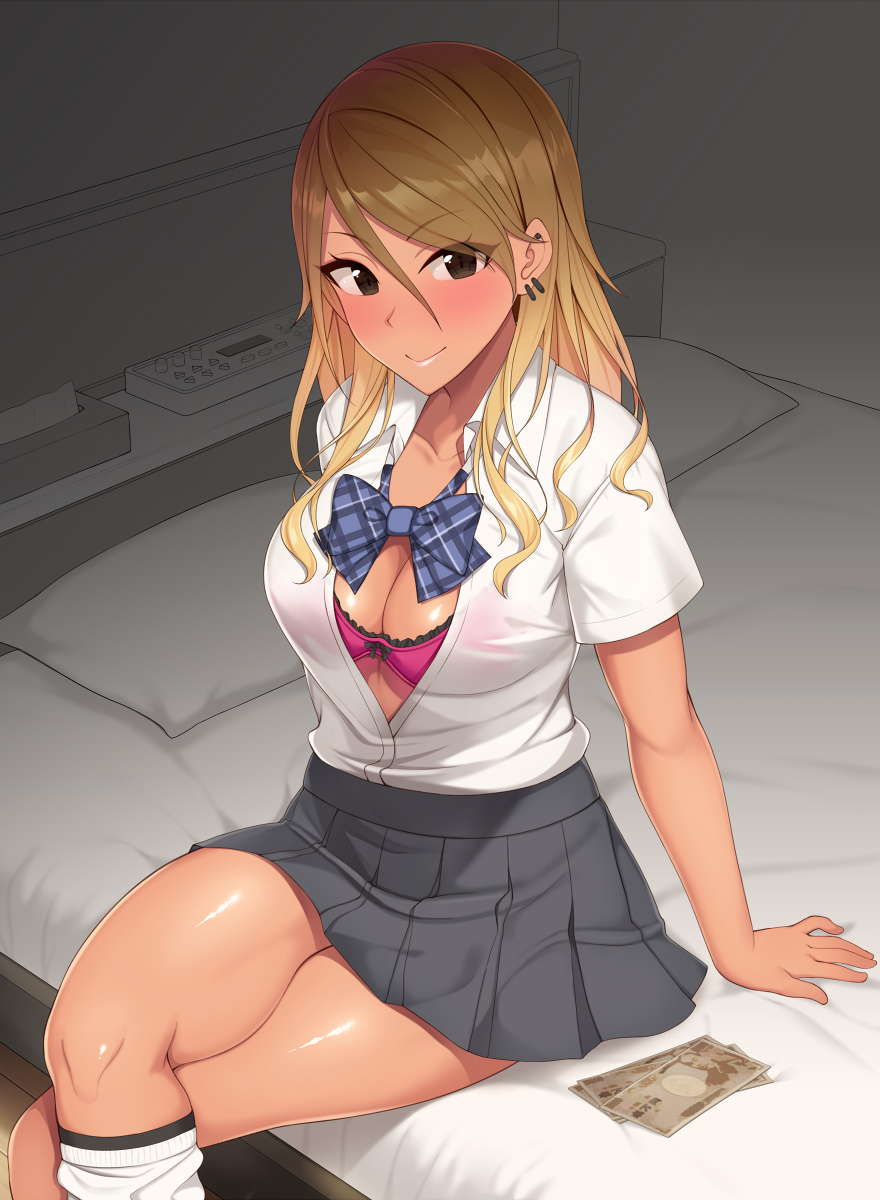 1girls bed bedroom big_breasts blonde_hair blush bra breasts brown_eyes cleavage crossed_legs gyaru hiiragi_hajime idolmaster idolmaster_shiny_colors imminent_sex izumi_mei kogal looking_at_viewer money pink_bra prostitution school_uniform schoolgirl sitting skirt smile stockings tan teenager thighs unbuttoned