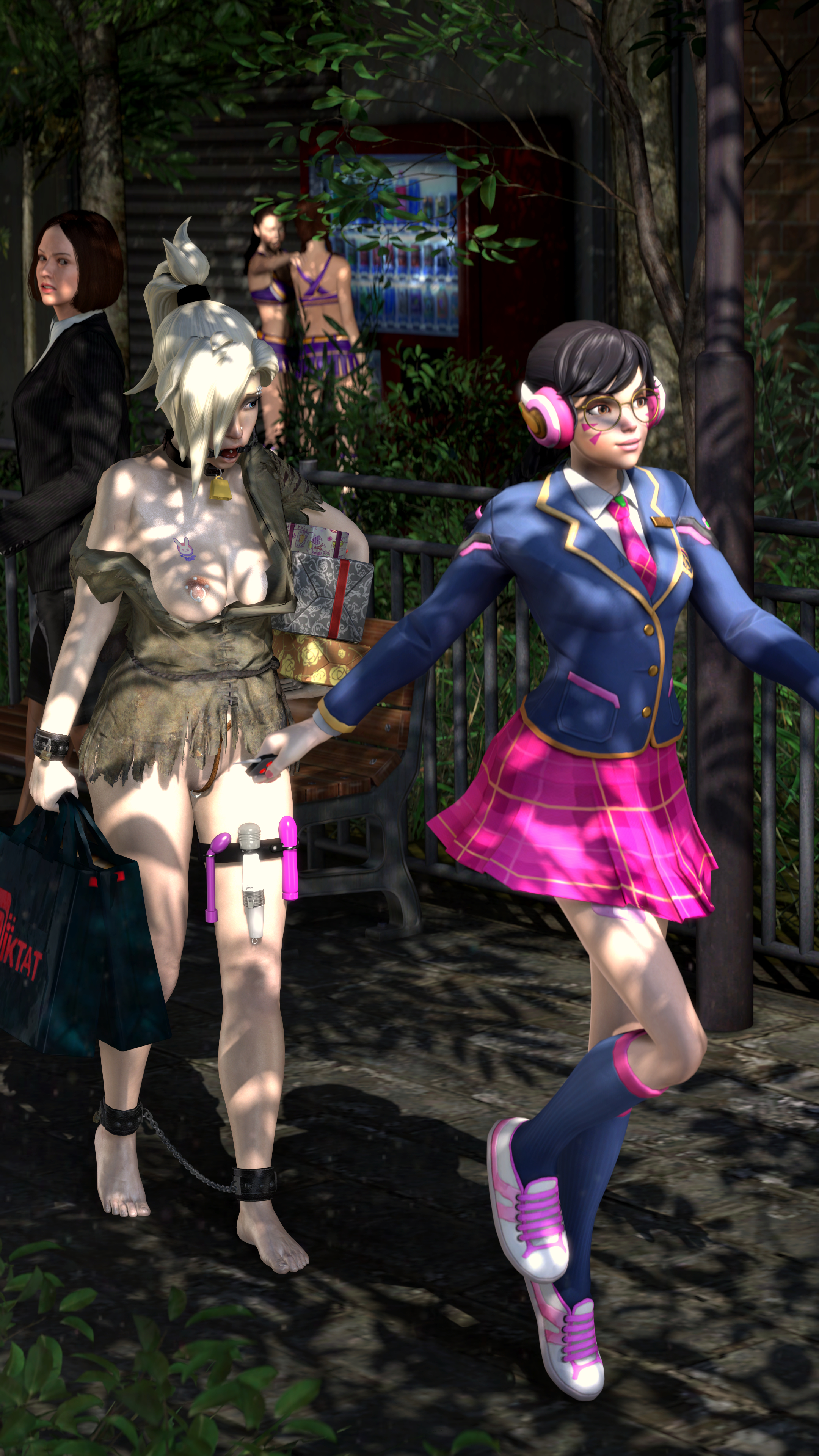 3d, 5girls, academy d.va, alternate costume, bell, blizzard entertainment, bondage, chains, collar, d.va, electrocution, female, female only, female with female, femdom, femsub, ff7sfm, forced exposure, lezdom, mercy, open mouth gag, outdoors, overwatch, piercings, public humiliation, public nudity, pussy, ragged clothing, shock collar, source filmmaker, yuri