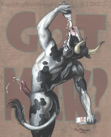 2002 anthro bodily_fluids bovid bovine cum drinking european_mythology genital_fluids greek_mythology horn male male_only mammal milk minotaur mythology nude open_mouth penis rog_minotaur short_fur solo solo_male traditional_media_(artwork)