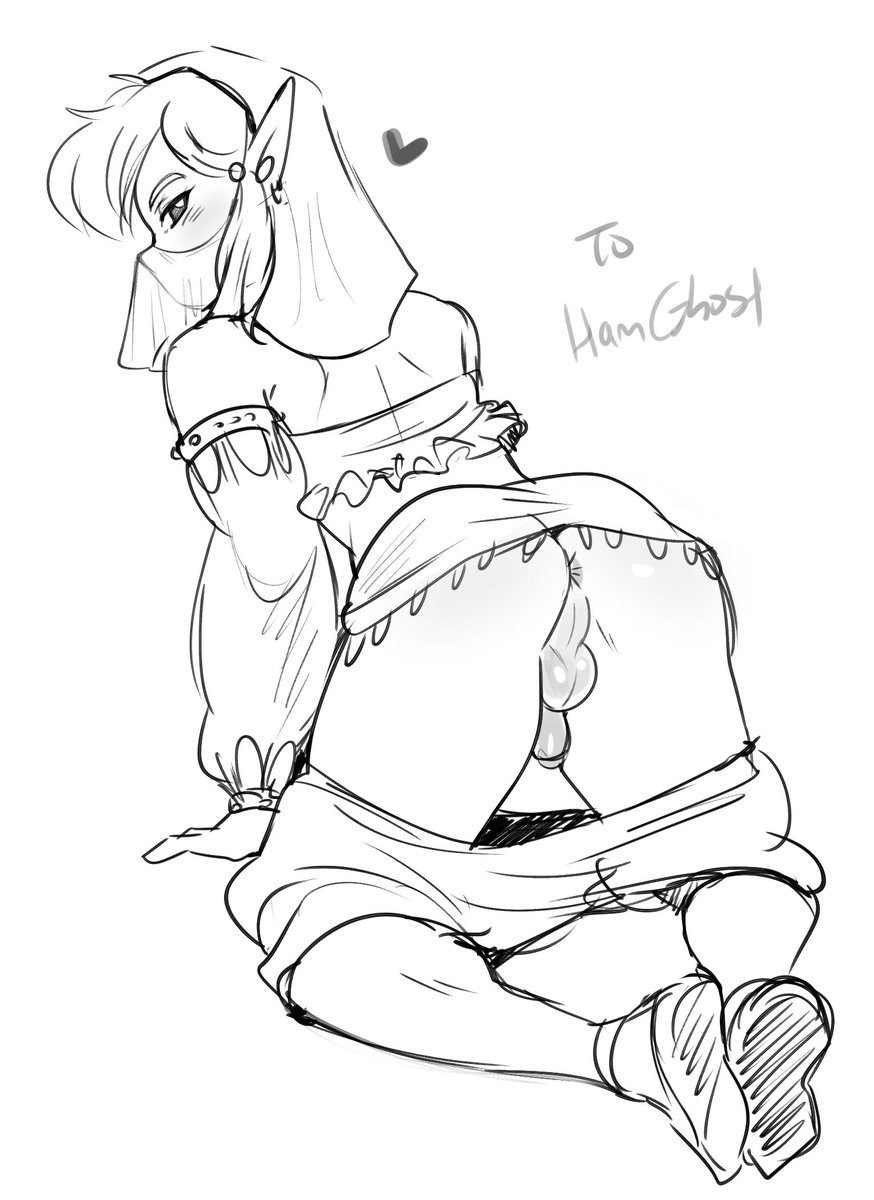 1boy, 2017, androgynous, anus, ass, balls, breath of the wild, canon crossdressing, drcockula, femboy, gerudo link, gerudo sirwal, gerudo top, gerudo veil, girly, heart, hylian, kneeling, link, link (breath of the wild), looking at viewer, male, male only, monochrome, nintendo, pants down, penis, perineum, pointy ears, small penis, solo, the legend of zelda, thick thighs, trap