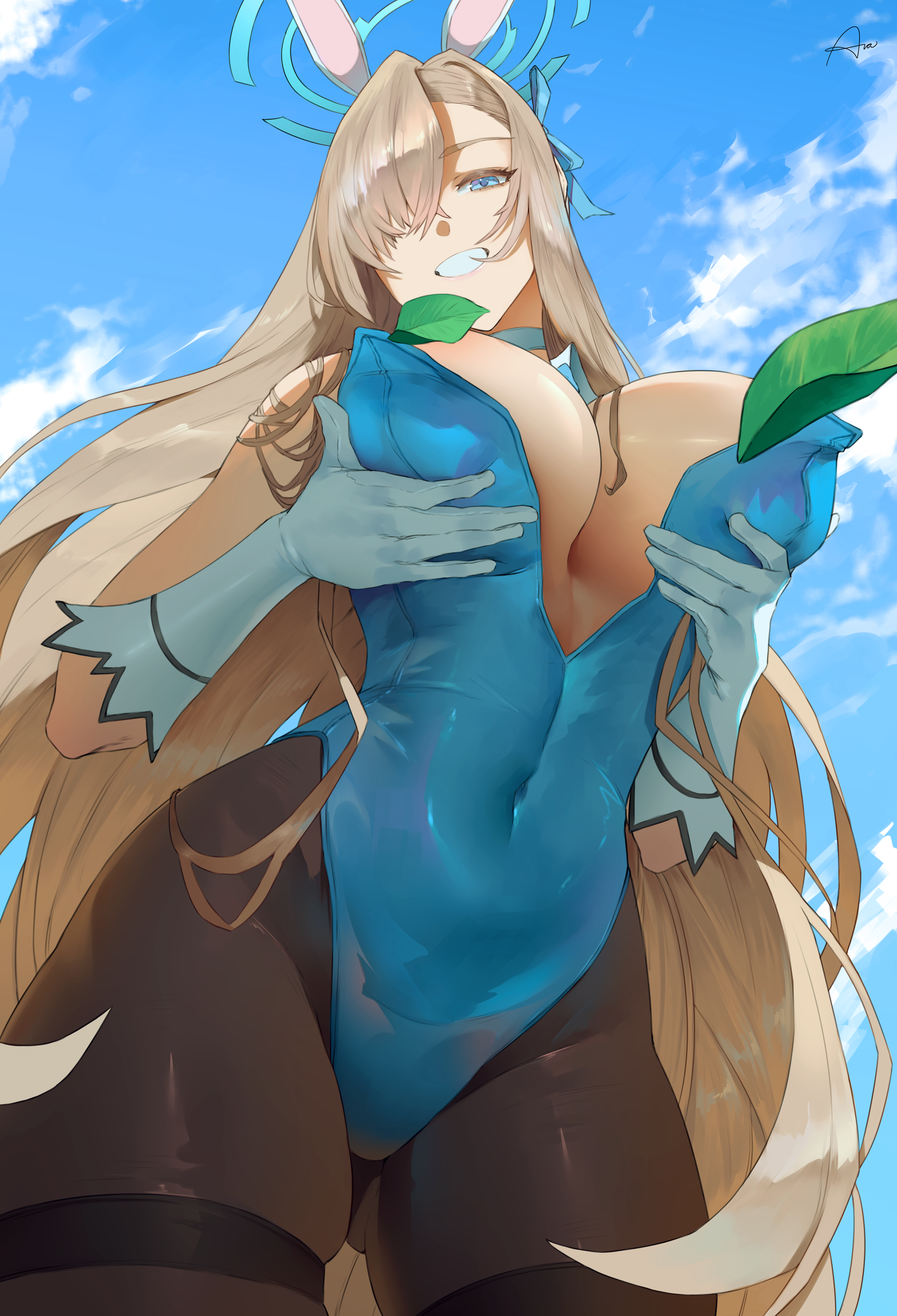 1girls, absurdres, araneesama, asuna (blue archive), asuna (bunny) (blue archive), big breasts, blonde hair, blue archive, blue eyes, breasts, bunny ears, bunny girl, bunnysuit, elbow gloves, fake animal ears, female, gloves, hair over one eye, leotard, light-skinned female, long hair, millennium science school student, pantyhose