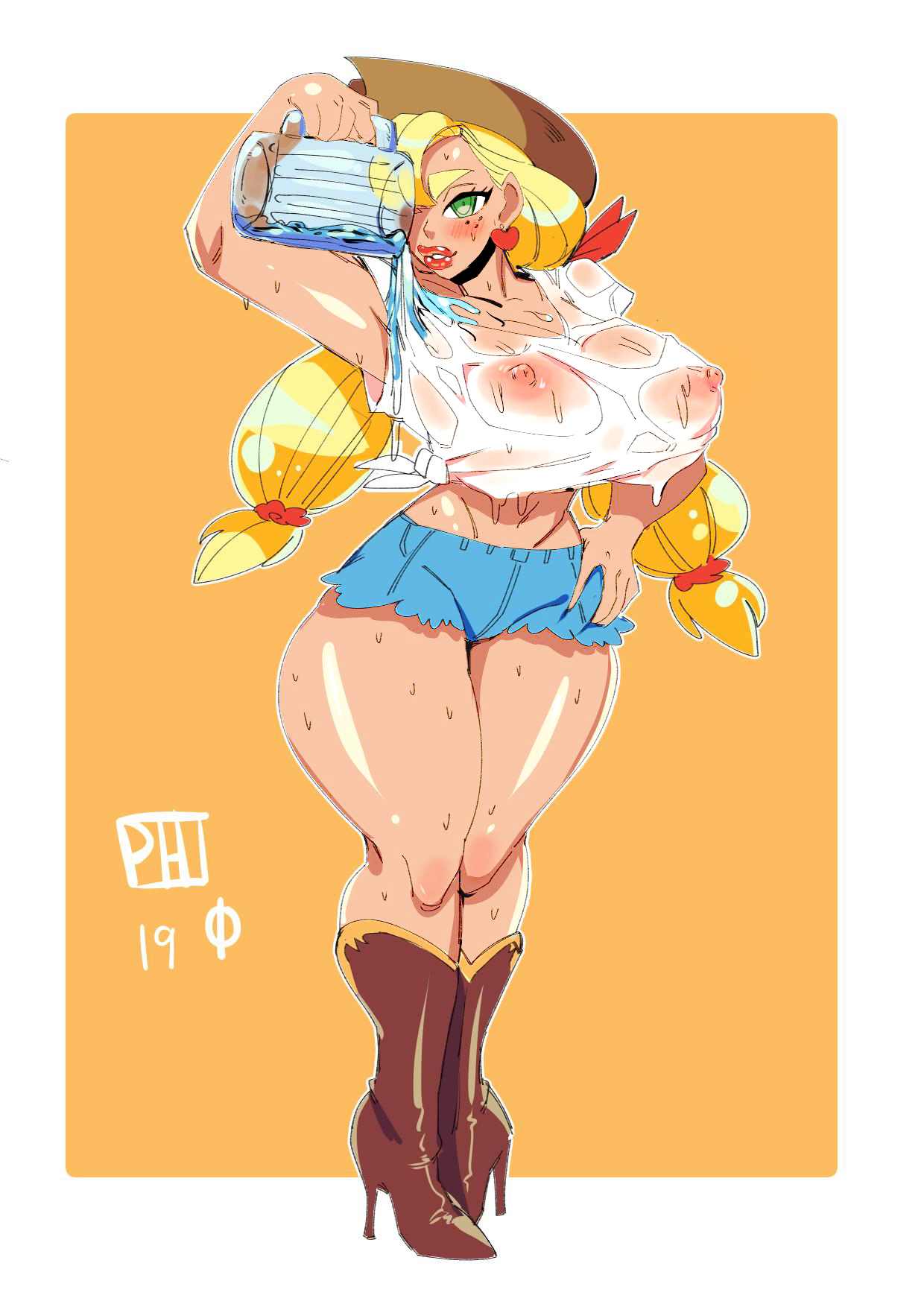 1girls, applejack (mlp), areolae, armpits, big breasts, bimbo, bimbofication, blonde hair, blush, boots, breasts, clothes, cowboy boots, cowboy hat, ear piercing, earring, erect nipples, female, freckles, friendship is magic, green eyes, hair over one eye, hat, high heel boots, high heels, huge breasts, human, humanized, jean shorts, lips, lipstick, my little pony, nipple outline, nipples, nudity, see-through, shoes, shorts, solo, solo female, solo focus, sweat, thighs, thunder thighs, wet, wet clothes, wet shirt