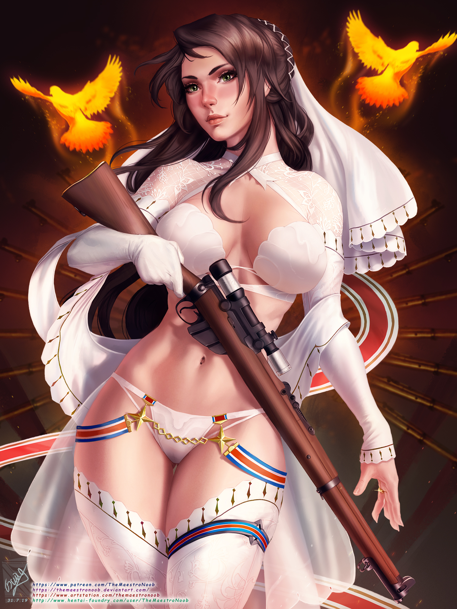 1girls, bra, breasts, bridal gauntlets, bridal veil, bride, brown hair, cleavage, female, female only, girls' frontline, green eyes, gun, lee-enfield (girls' frontline), looking at viewer, panties, pinup, rifle, small panties, solo, themaestronoob, thighhighs, weapon, wedding lingerie, wedding ring, white lingerie