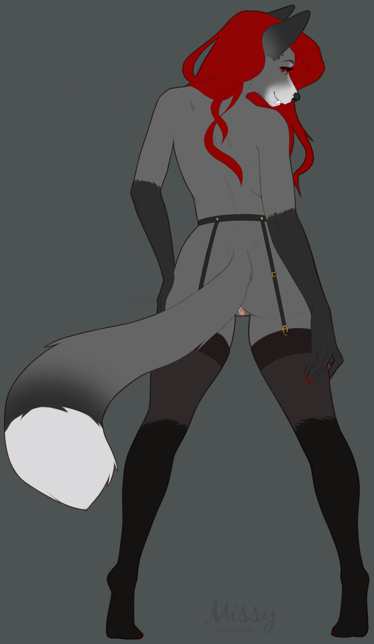 anthro canid canine clothing female fox garter_straps hair hi_res legwear looking_back mammal missy_(artist) pussy rear_view red_hair simple_background smile solo standing stockings vampire vermillion