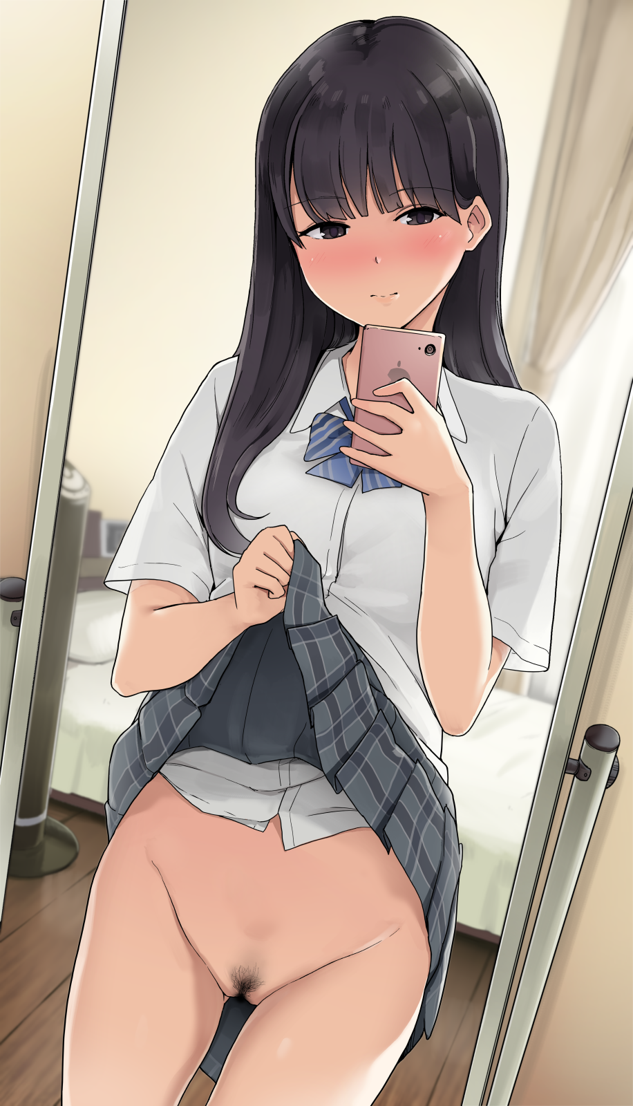 black_eyes black_hair blush bottomless bow bowtie cellphone commentary_request female highres long_hair mirror no_panties original otayama phone pubic_hair pussy reflection ribbon school_uniform self_shot skirt skirt_lift smartphone uncensored uniform