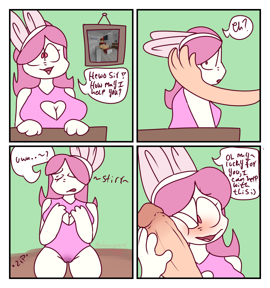 1boy1girl 1girls 2d big_breasts blush breasts bunny_ears bunnysuit closed_eyes clothed clothed_female comic cute dialogue english_text female flamingo_(youtuber) green_background hairband hand_on_penis holding_penis keyhole looking_at_viewer madame_convict male medium_hair on_knees onomatopoeia open_mouth penis pink_clothing pink_eyes pink_hair pussy_juice_stain roblox roblox_avatar robloxian self_upload speech_bubble text thighs wet wet_pussy white_hairband white_skin