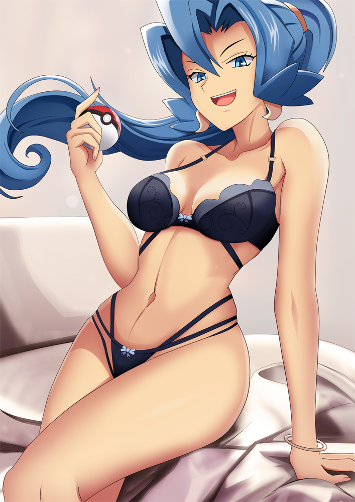 1girls, abs, blue eyes, blue hair, bra, breasts, clair (pokemon), cleavage, deviantart, female, female only, hair, holding object, human, human only, lingerie, looking at viewer, mature female, panties, pokeball, pokemon, pokemon gsc, sitting, solo, underwear, vivivoovoo