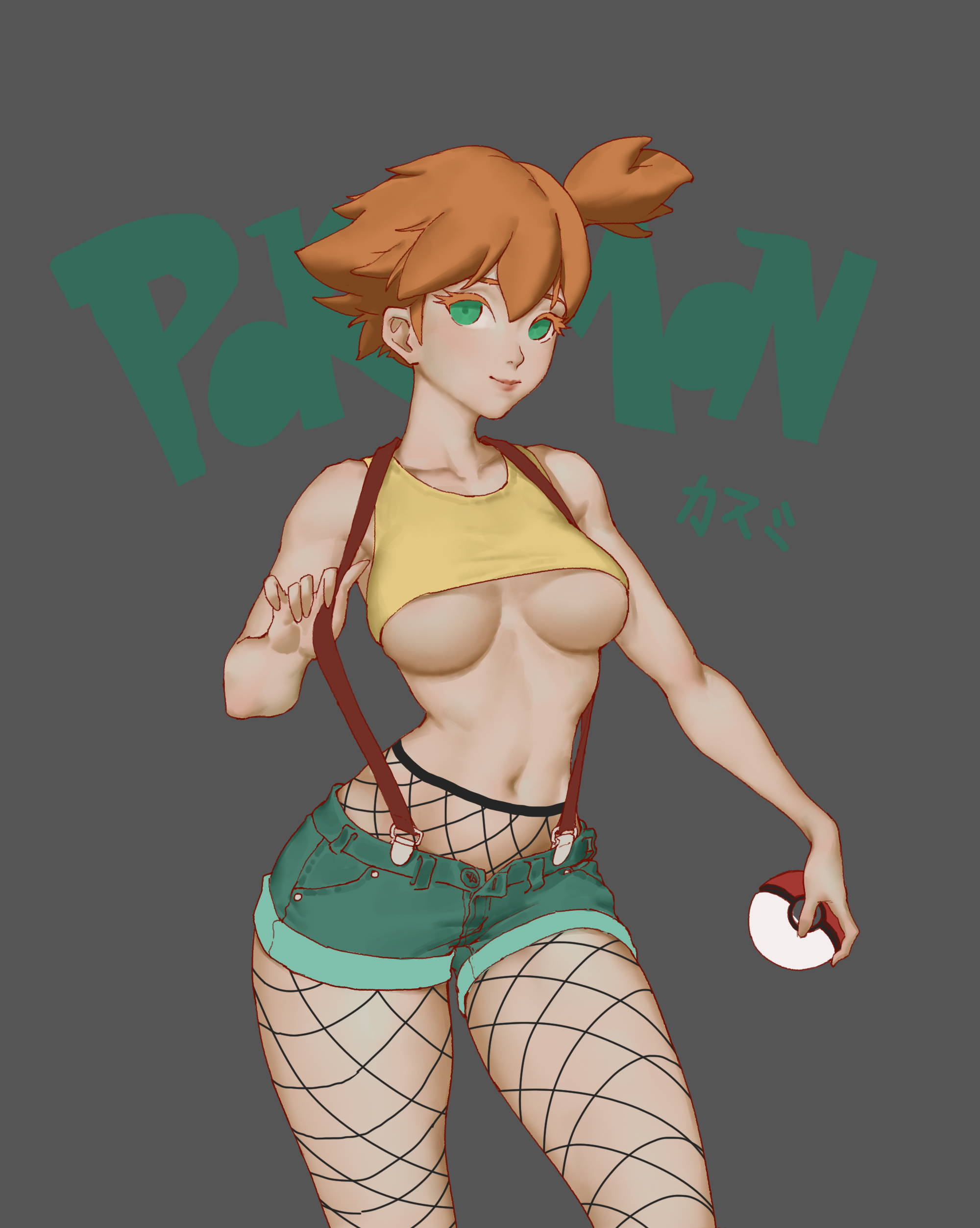 1girls, abs, alternate breast size, alternate outfit, artist request, breasts, female, fishnets, green eyes, human, human only, kasumi (pokemon), nintendo, poke ball, pokeball, pokemon, pokemon rgby, red hair, shirt, shorts, source request, suspenders, text, underboob