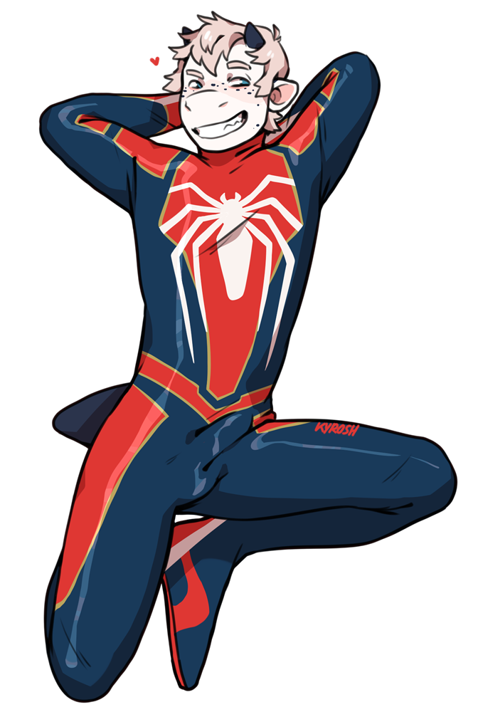 1boy 2019 anthro blush bovid bulge clothed clothing cosplay digital_media_(artwork) kyrosh male male_only mammal marvel marvel_comics smile smirk solo spider-man_(cosplay) spider-man_(ps4) spider-man_(series) transparent_background zentai