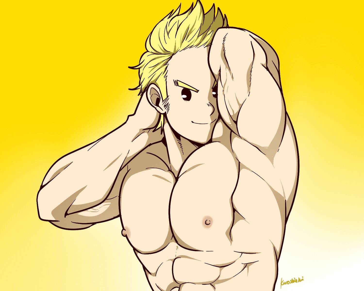 abs, armpits, bara, biceps, big muscles, black eyes, blonde hair, come hither, kuroshinki, looking at viewer, male, male focus, male only, mirio togata, muscles, my hero academia, nipples, pecs, pose, posing, smile, veiny muscles, yaoi