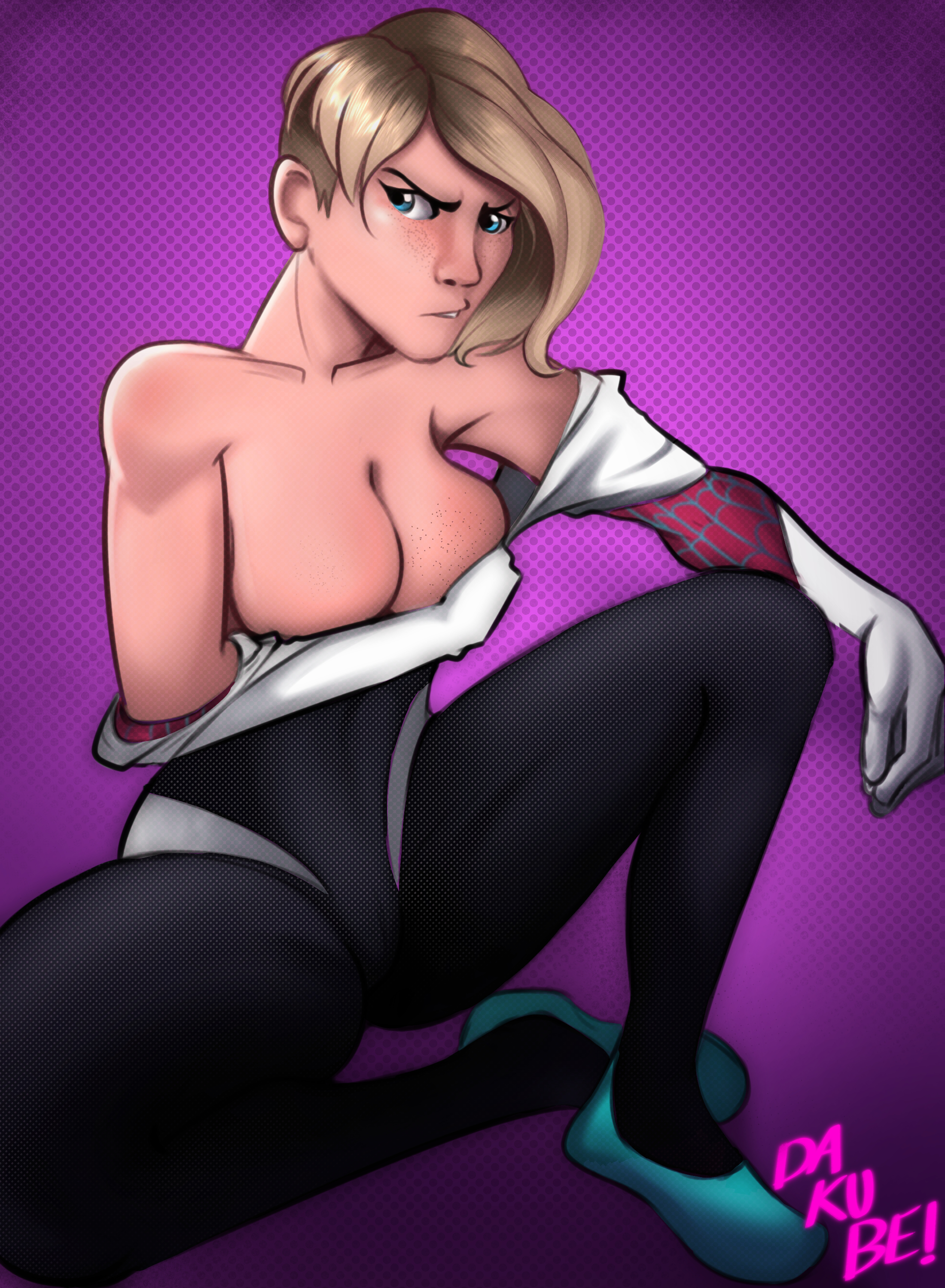 1girls, asymmetrical hair, big breasts, breasts, collarbone, dakube, exposed shoulders, female, female only, freckles, gwen stacy, gwen stacy (spider-verse), marvel, marvel comics, short hair, solo, spider-gwen, spider-man (series), spider-man: into the spider-verse, superhero, superhero costume, superheroine, text, watermark