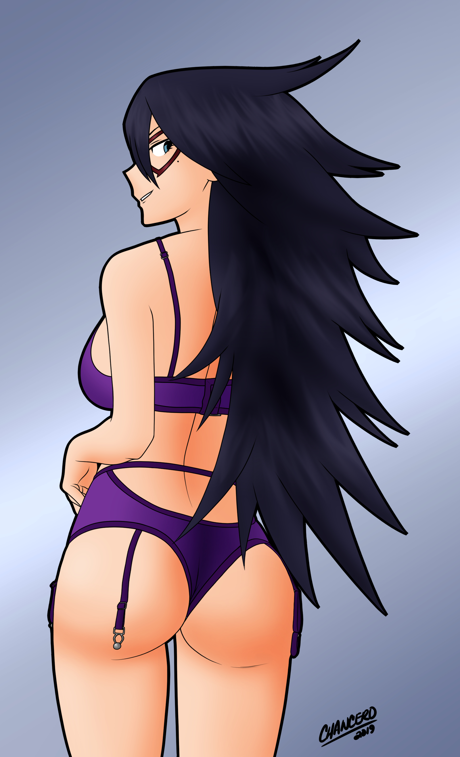 back view, chancero, female, light skin, light-skinned female, lingerie, master-geass, midnight (my hero academia), my hero academia, nemuri kayama, solo